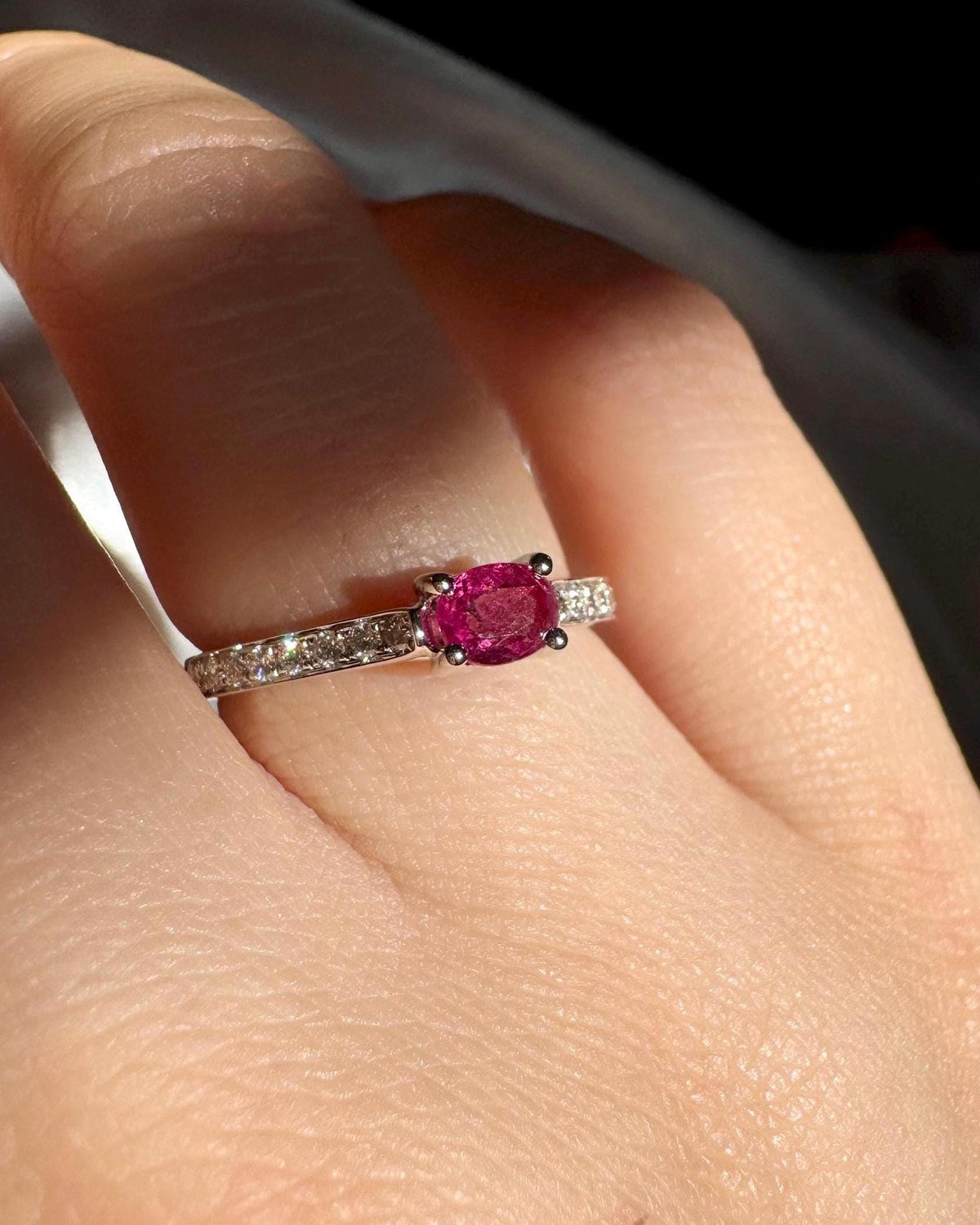 Genuine Ruby and Diamond Oval East-West Ring | 14k Solid White Gold