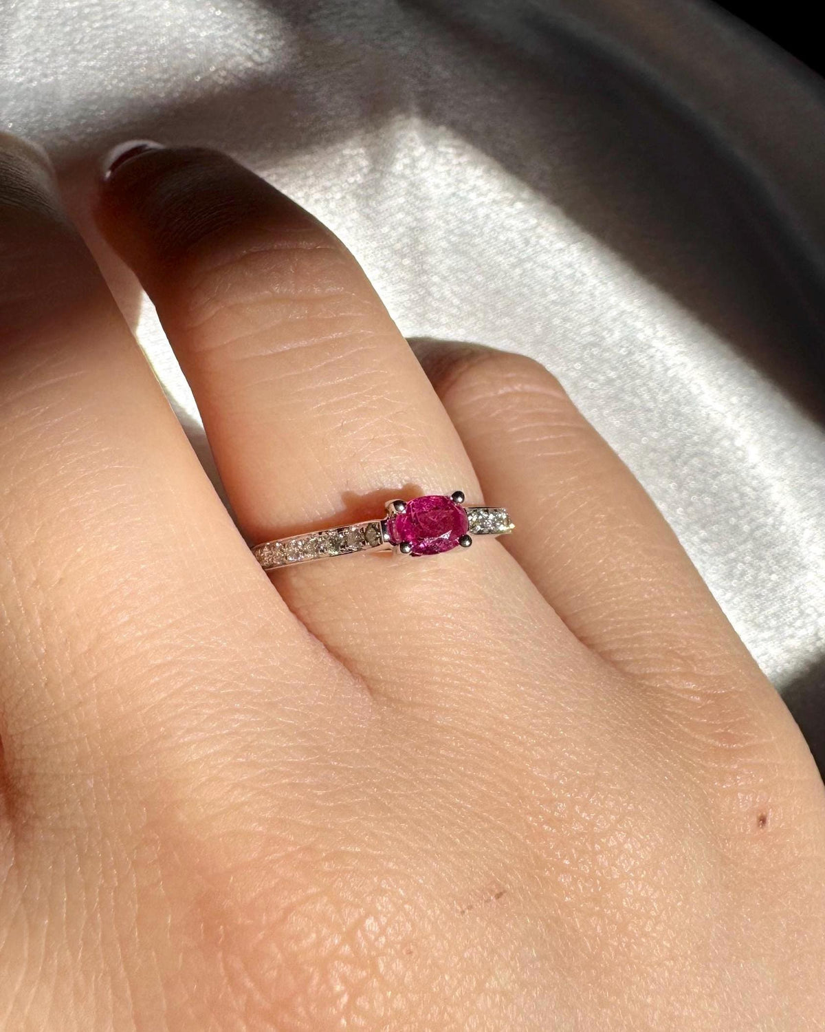 Genuine Ruby and Diamond Oval East-West Ring | 14k Solid White Gold