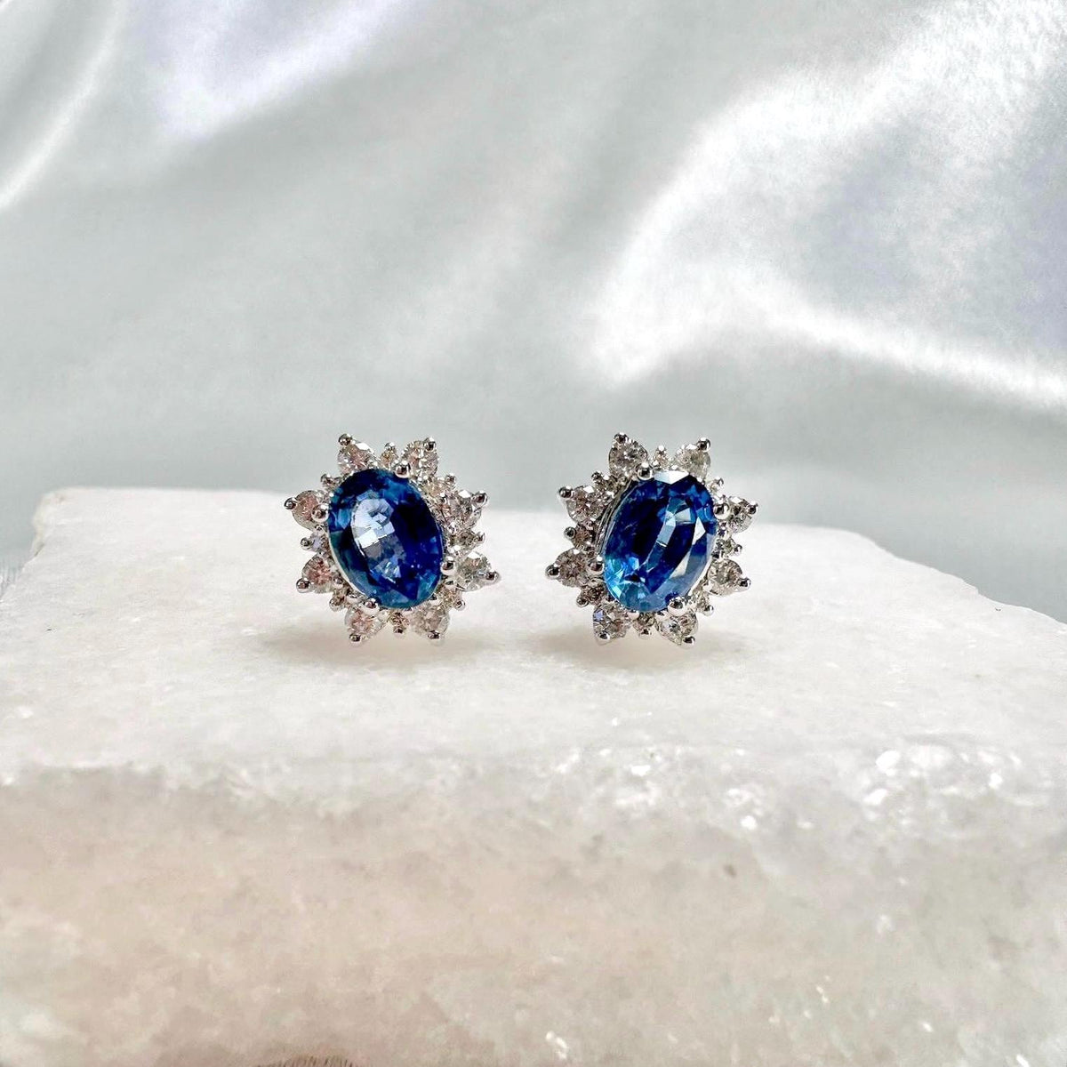 Natural Sapphire Diamond Flower Earrings, 14k White Gold, September Birthstone Bridal Studs