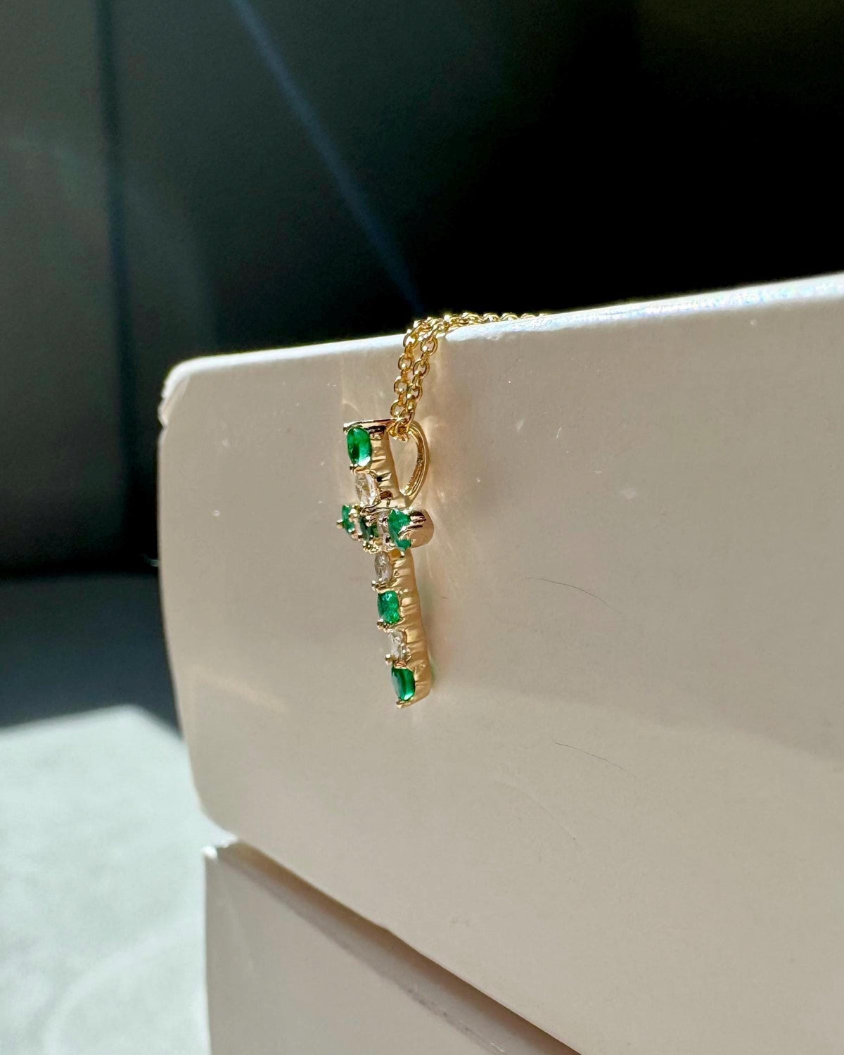 Genuine Emerald and Diamond Cross Pendant / 14k Solid Gold
