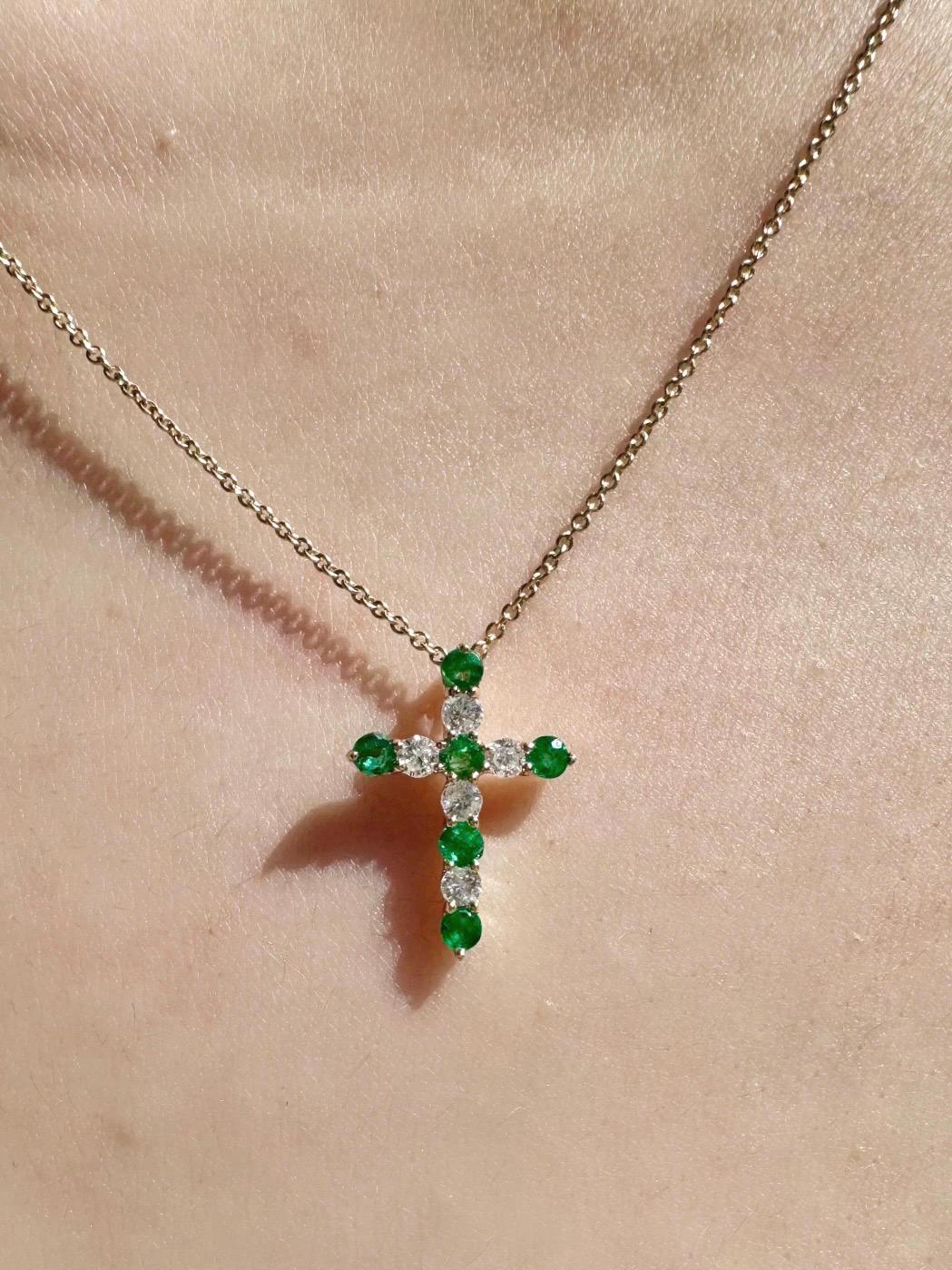 Genuine Emerald and Diamond Cross Pendant / 14k Solid Gold