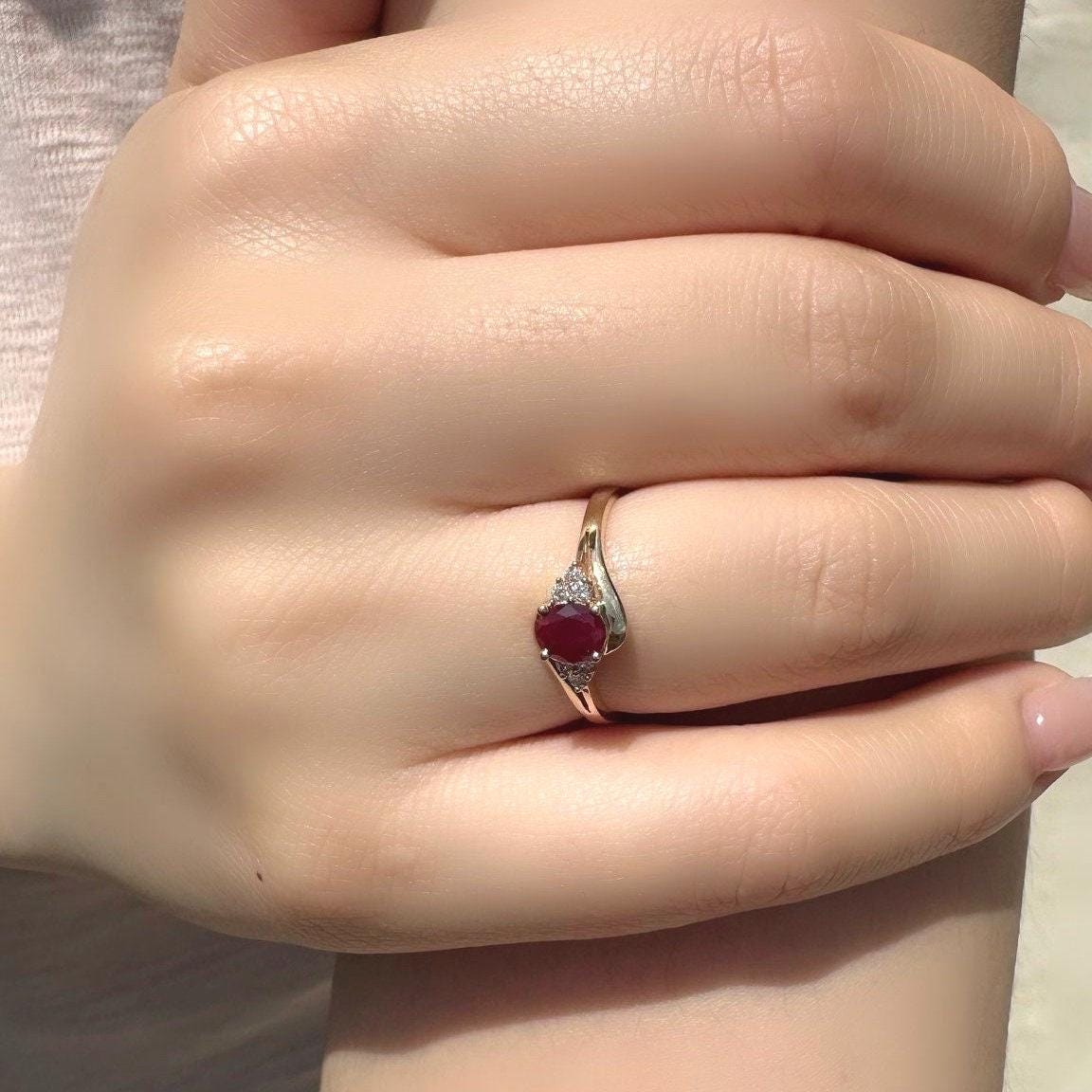 14k Solid Gold Oval Ruby Diamond Cluster Swirl Ring, July Birthstone, Handcrafted Jewelry