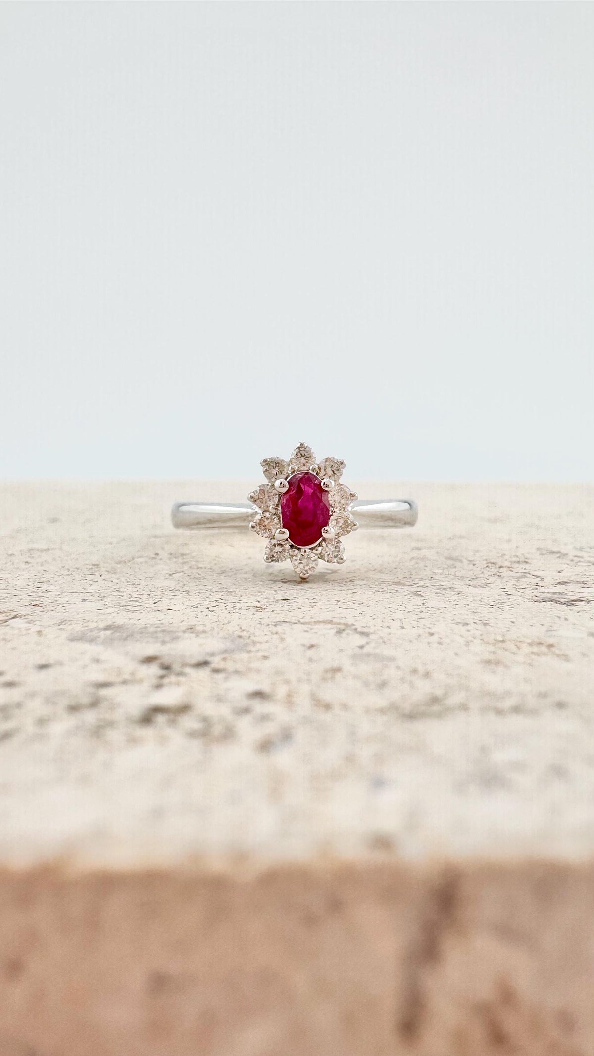 Genuine Oval Ruby and Diamond Solaris Halo Ring | 18k Solid White Gold