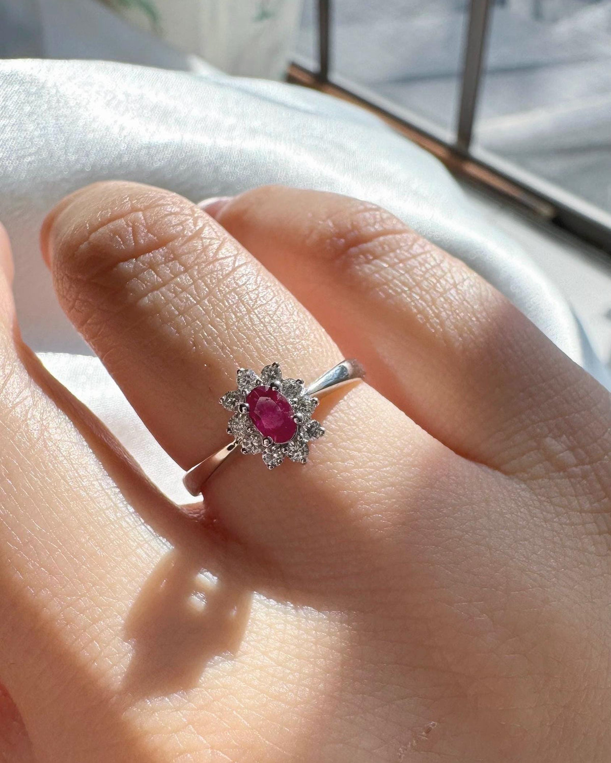 Genuine Oval Ruby and Diamond Solaris Halo Ring | 18k Solid White Gold