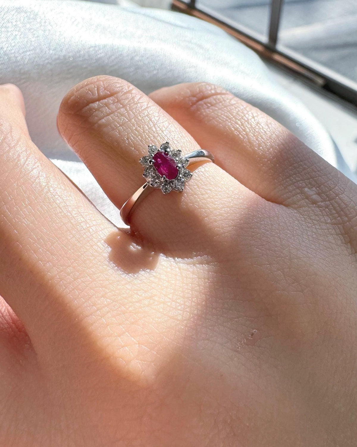 Genuine Oval Ruby and Diamond Solaris Halo Ring | 18k Solid White Gold