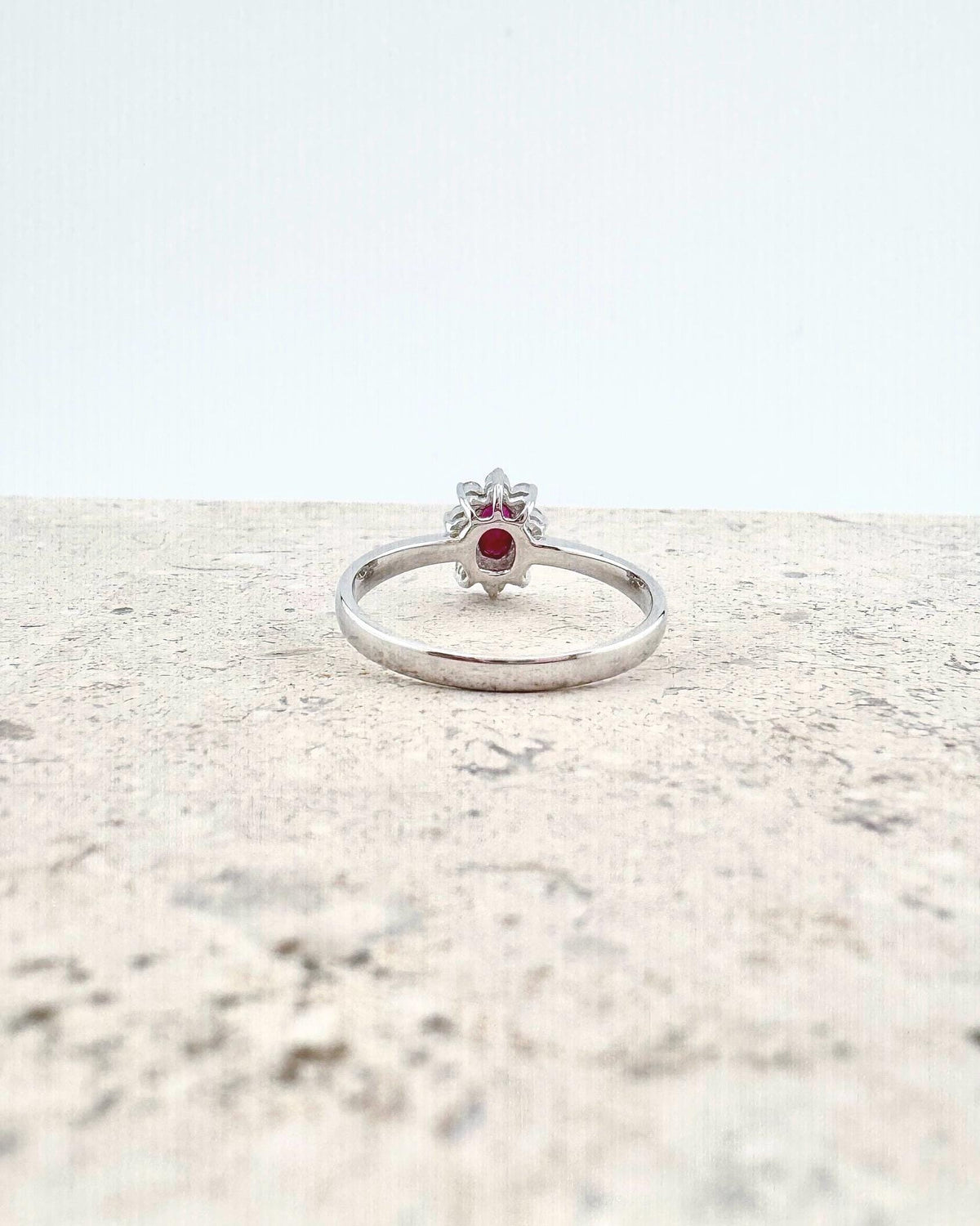 Genuine Oval Ruby and Diamond Solaris Halo Ring | 18k Solid White Gold