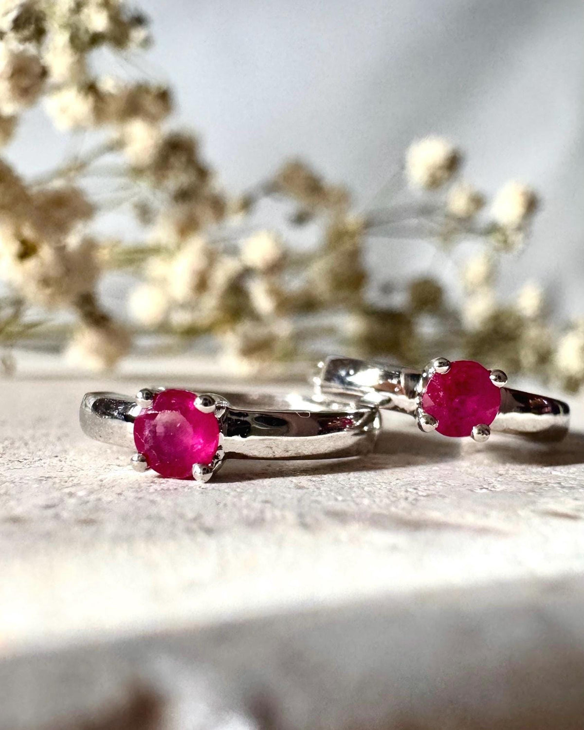 Genuine Ruby Mini Huggie Hoop Earrings in 14k Solid White Gold