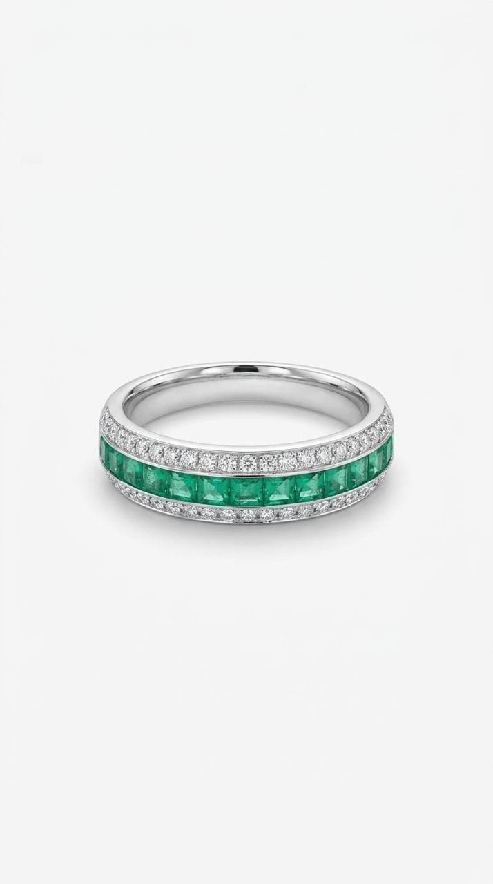 Genuine Emerald and Diamond Half Eternity Ring, Princess Cut, 14k Solid White Gold, May Birthstone