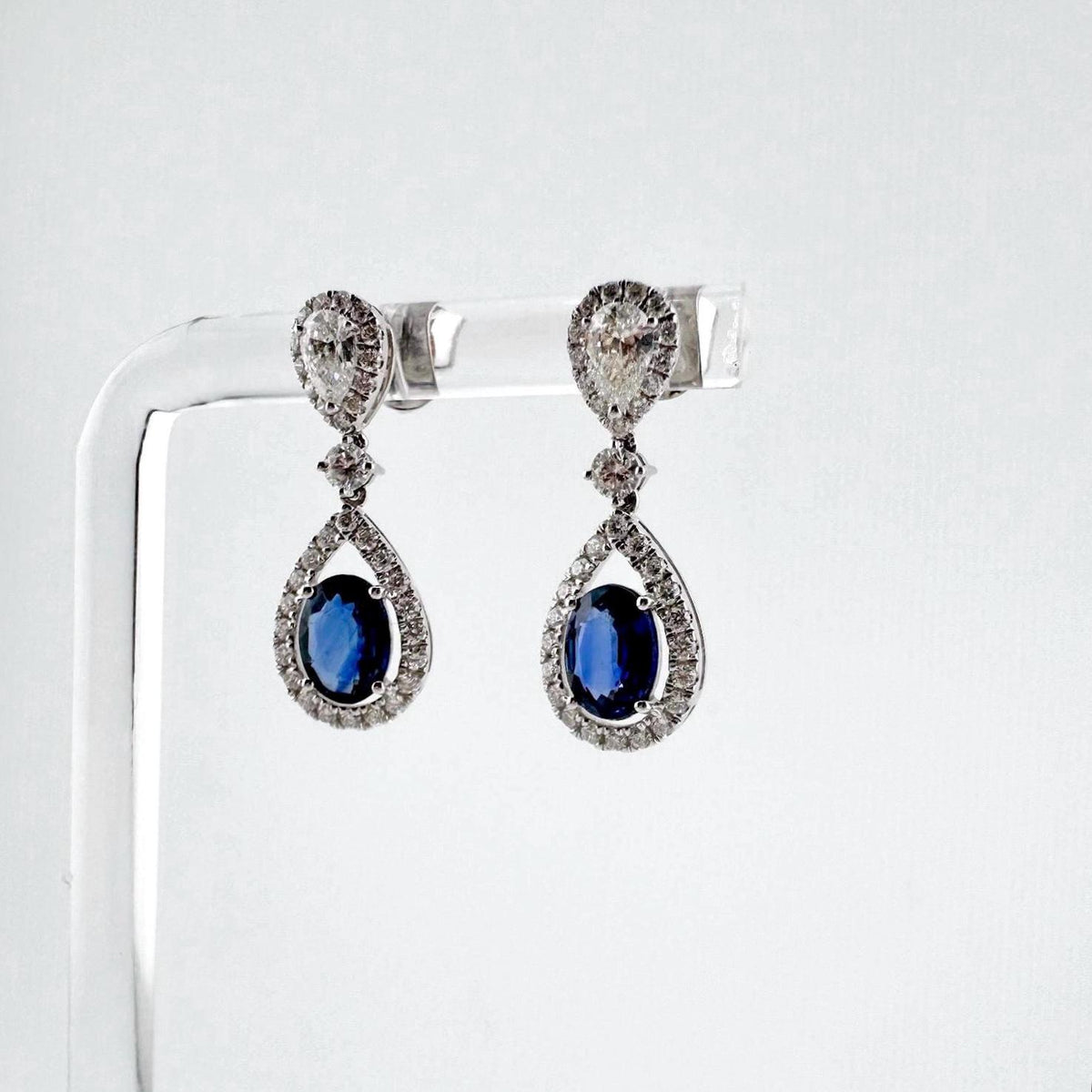 Genuine Oval Sapphires and Teardrop Diamonds Dangle Earrings in 18k Solid White Gold