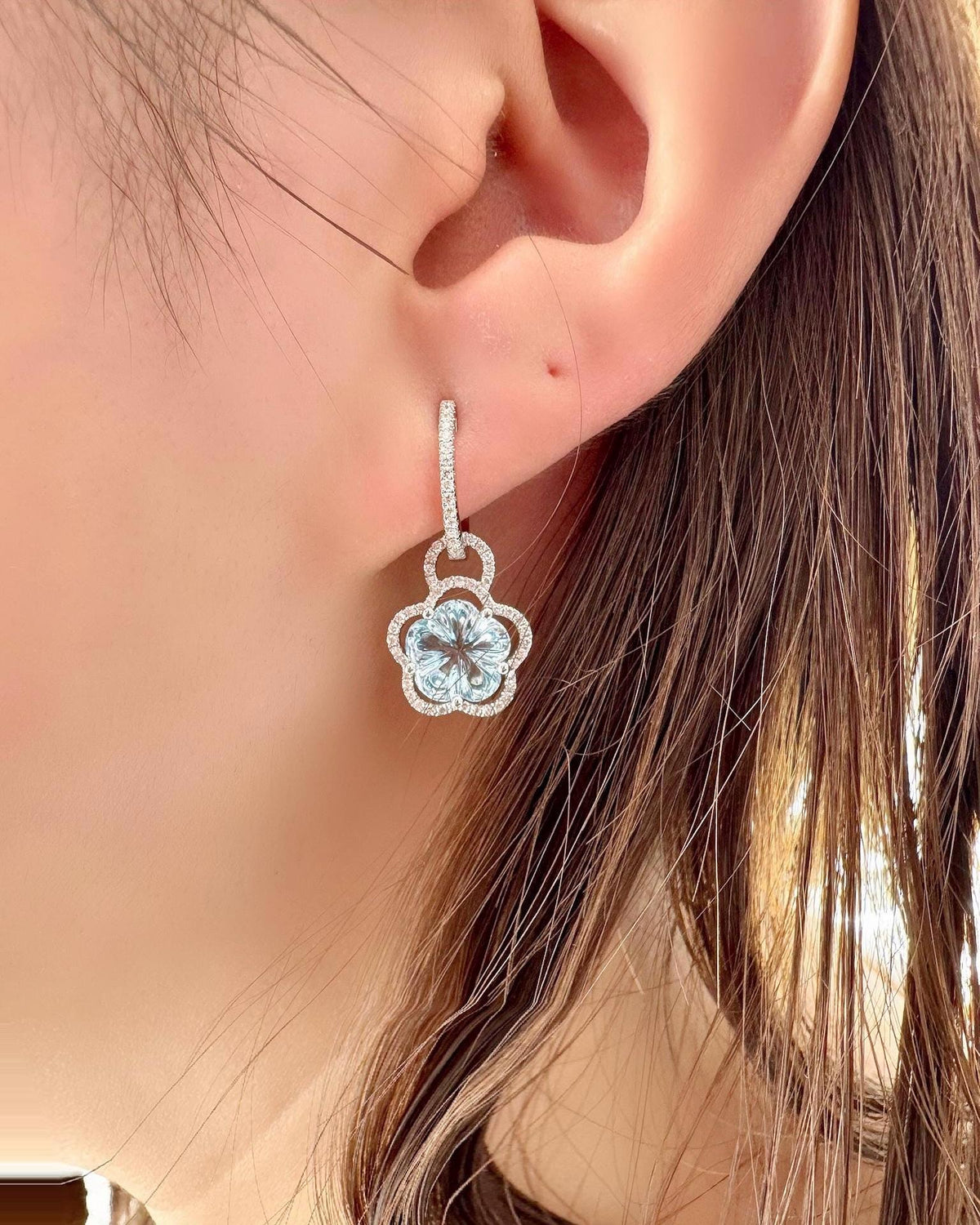 Genuine Blue Topaz and Diamond Flower 2 in 1 Huggies | 14k White Gold