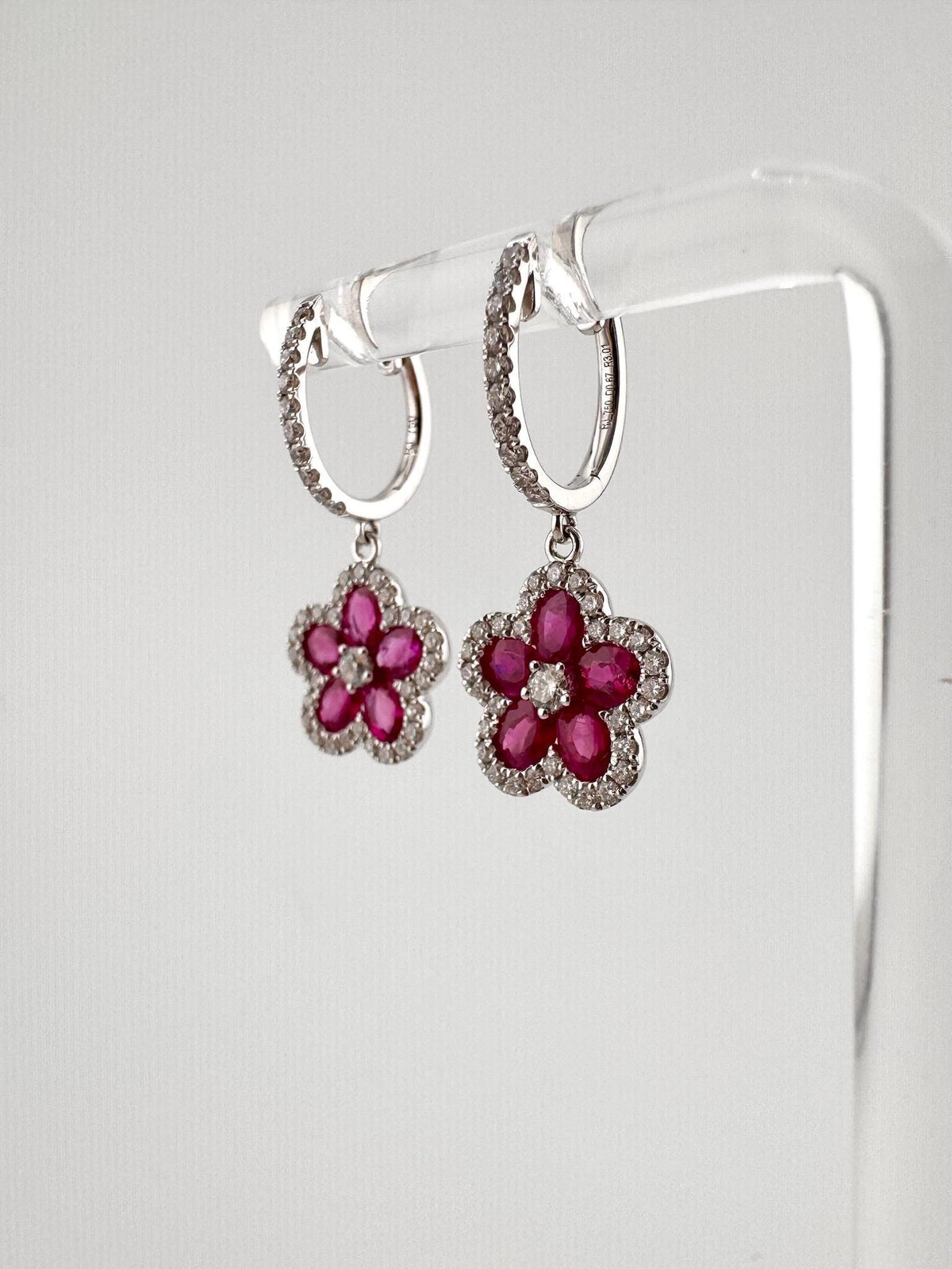 Genuine Ruby and Diamond Flower Huggies in 18k Solid White Gold
