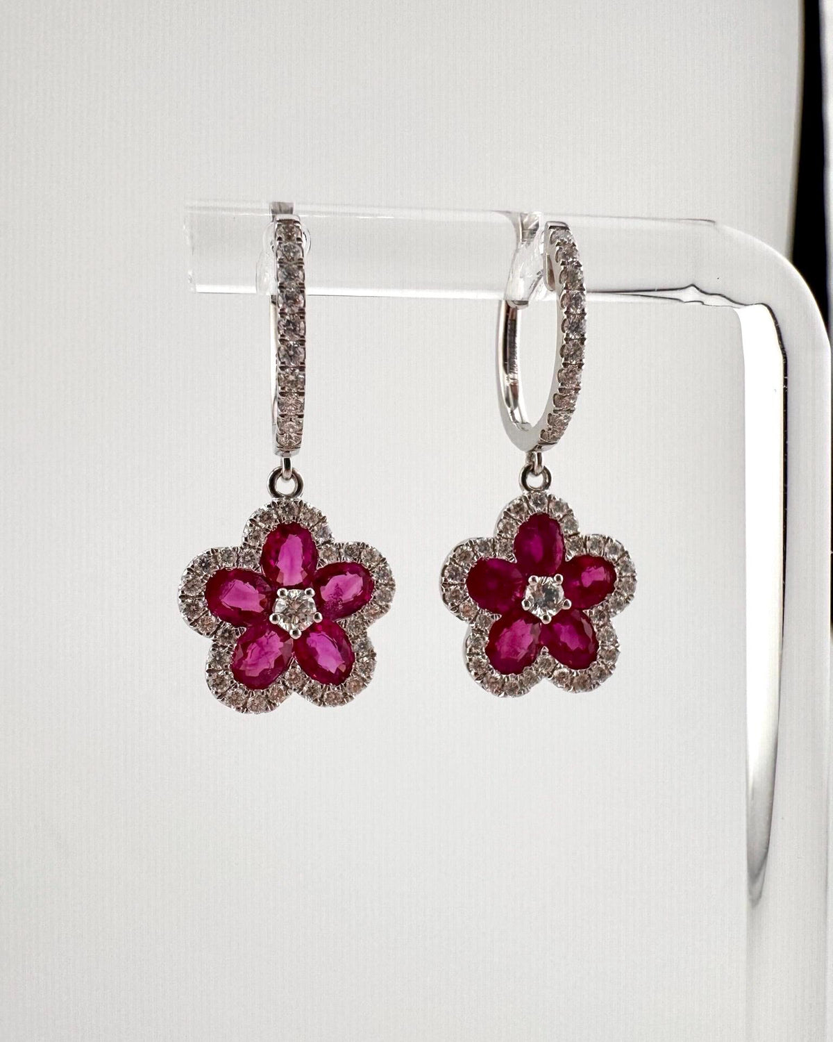 Genuine Ruby and Diamond Flower Huggies in 18k Solid White Gold