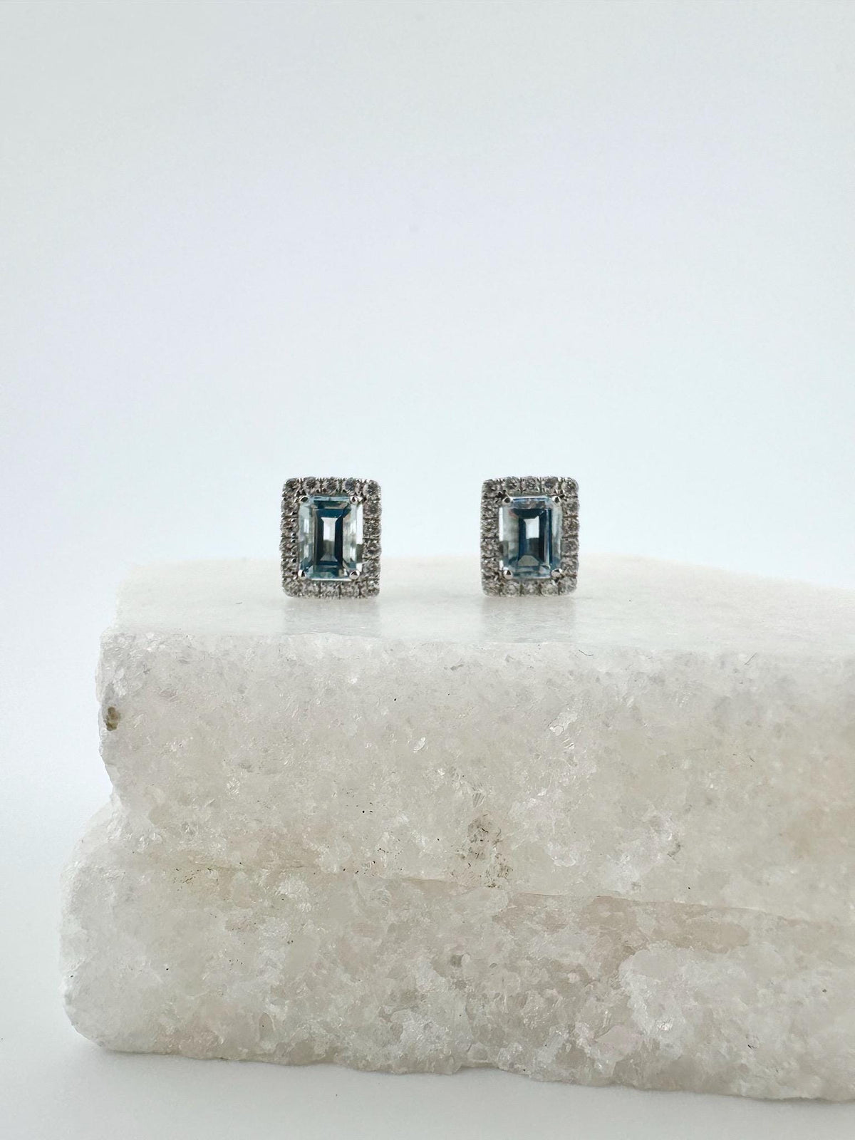 Genuine Emerald Cut Aquamarines and Diamond Studs in 18k Solid White Gold