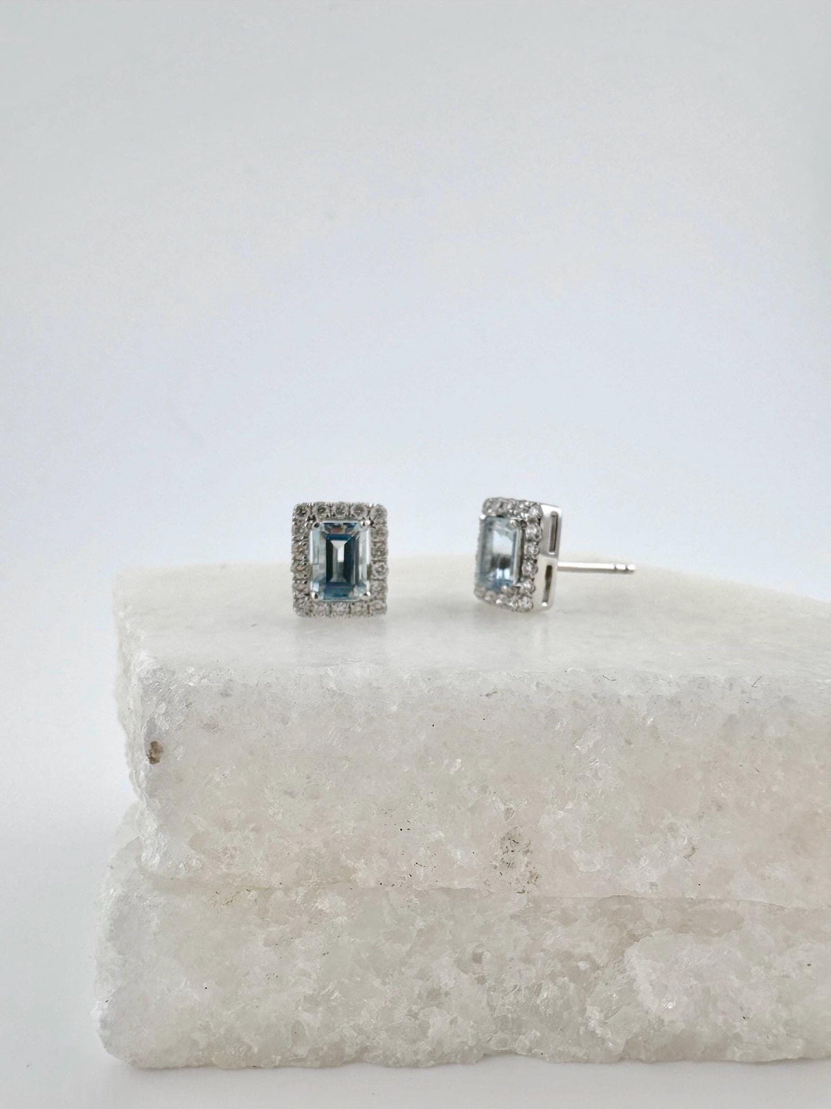 Genuine Emerald Cut Aquamarines and Diamond Studs in 18k Solid White Gold