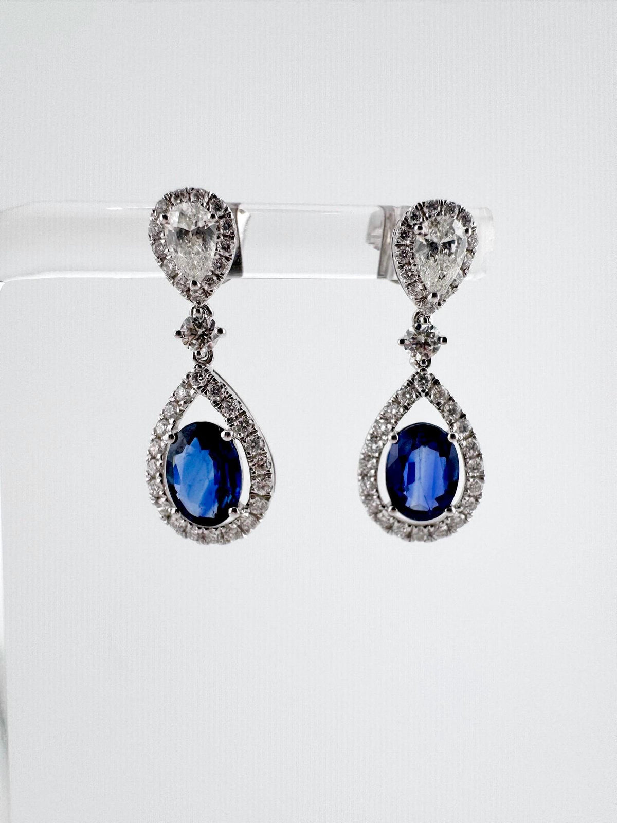 Genuine Oval Sapphires and Teardrop Diamonds Dangle Earrings in 18k Solid White Gold