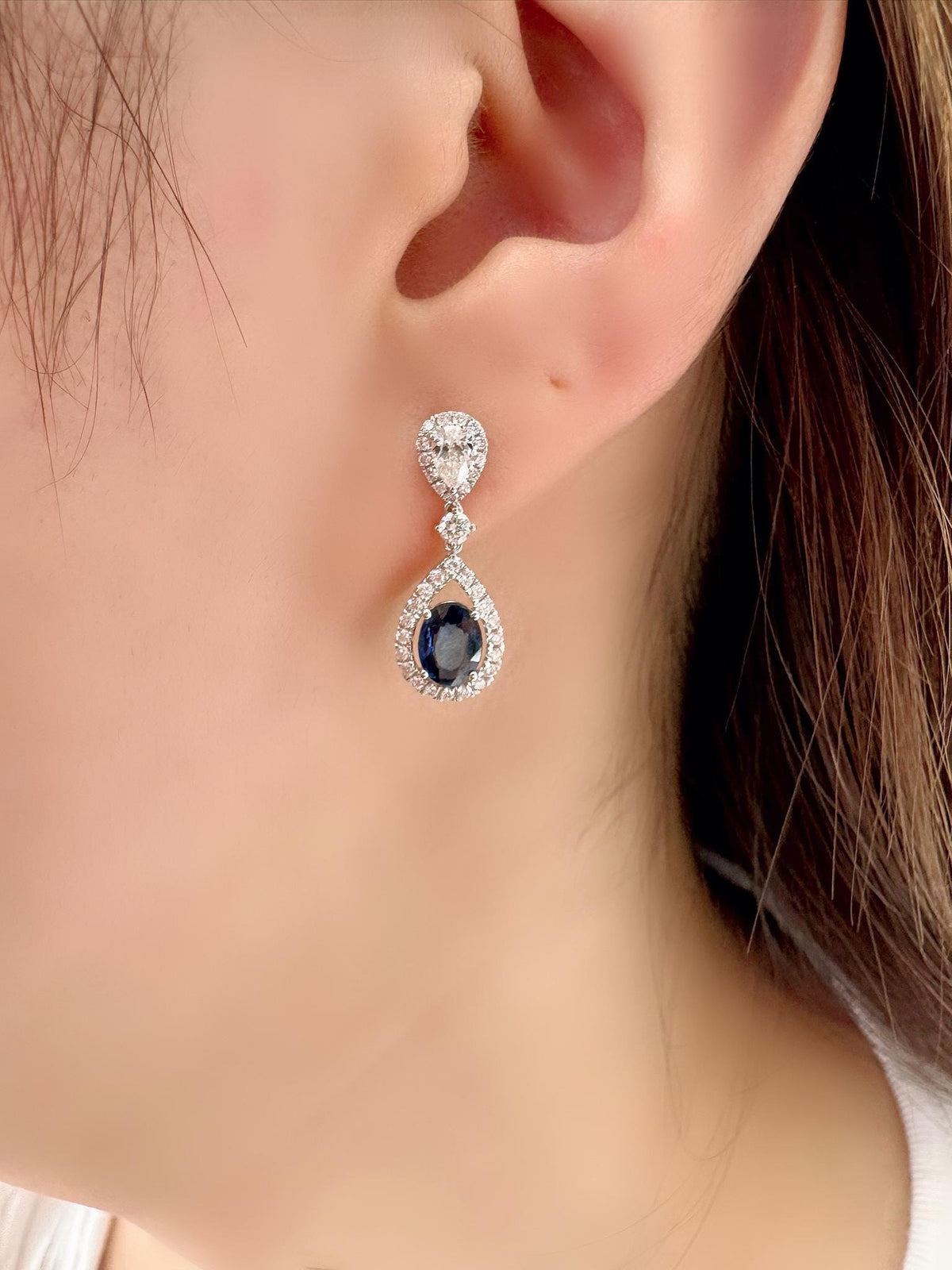 Genuine Oval Sapphires and Teardrop Diamonds Dangle Earrings in 18k Solid White Gold
