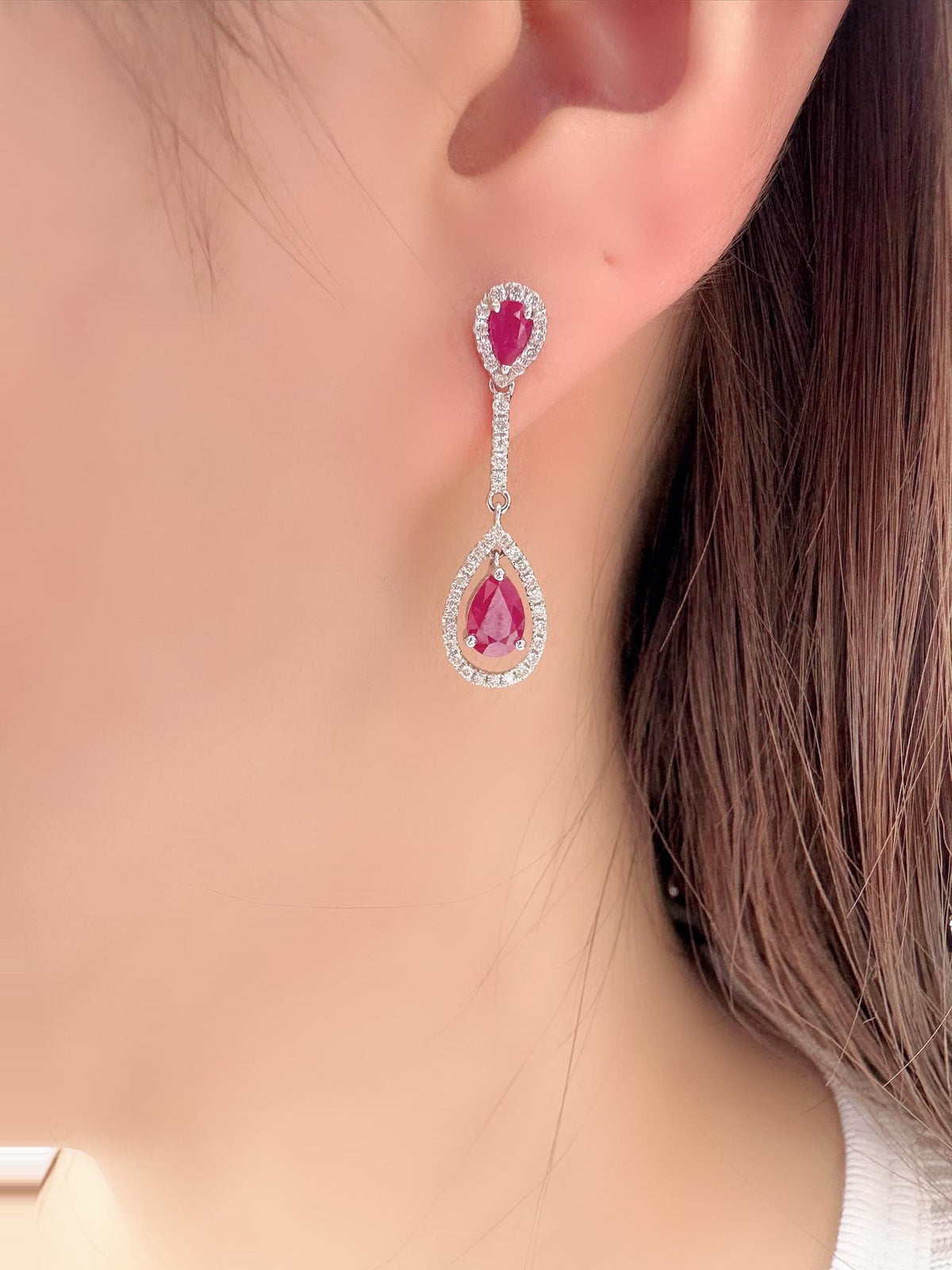 Genuine Teardrop Ruby and Diamond Dangle Earrings, 14k Solid White Gold, July Birthstone, Gift for Her