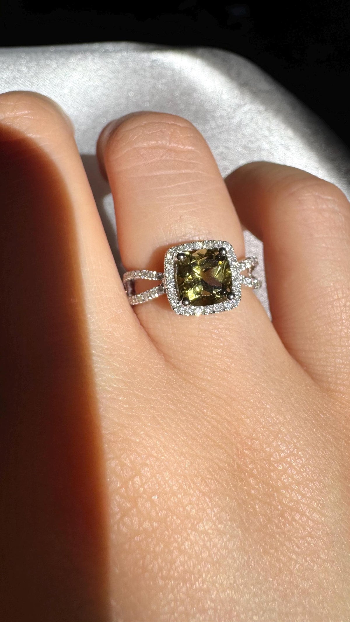 Genuine 1.75 ct Green Tourmaline and Diamond Square Halo Ring, 14k Solid White Gold, October Birthstone, Gift for Her
