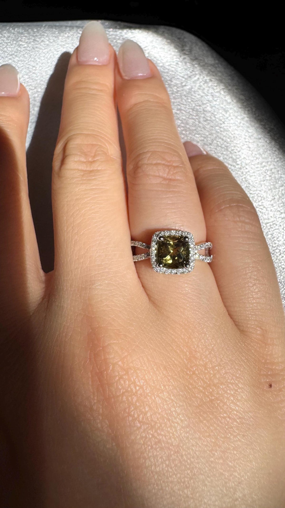 Genuine 1.75 ct Green Tourmaline and Diamond Square Halo Ring, 14k Solid White Gold, October Birthstone, Gift for Her