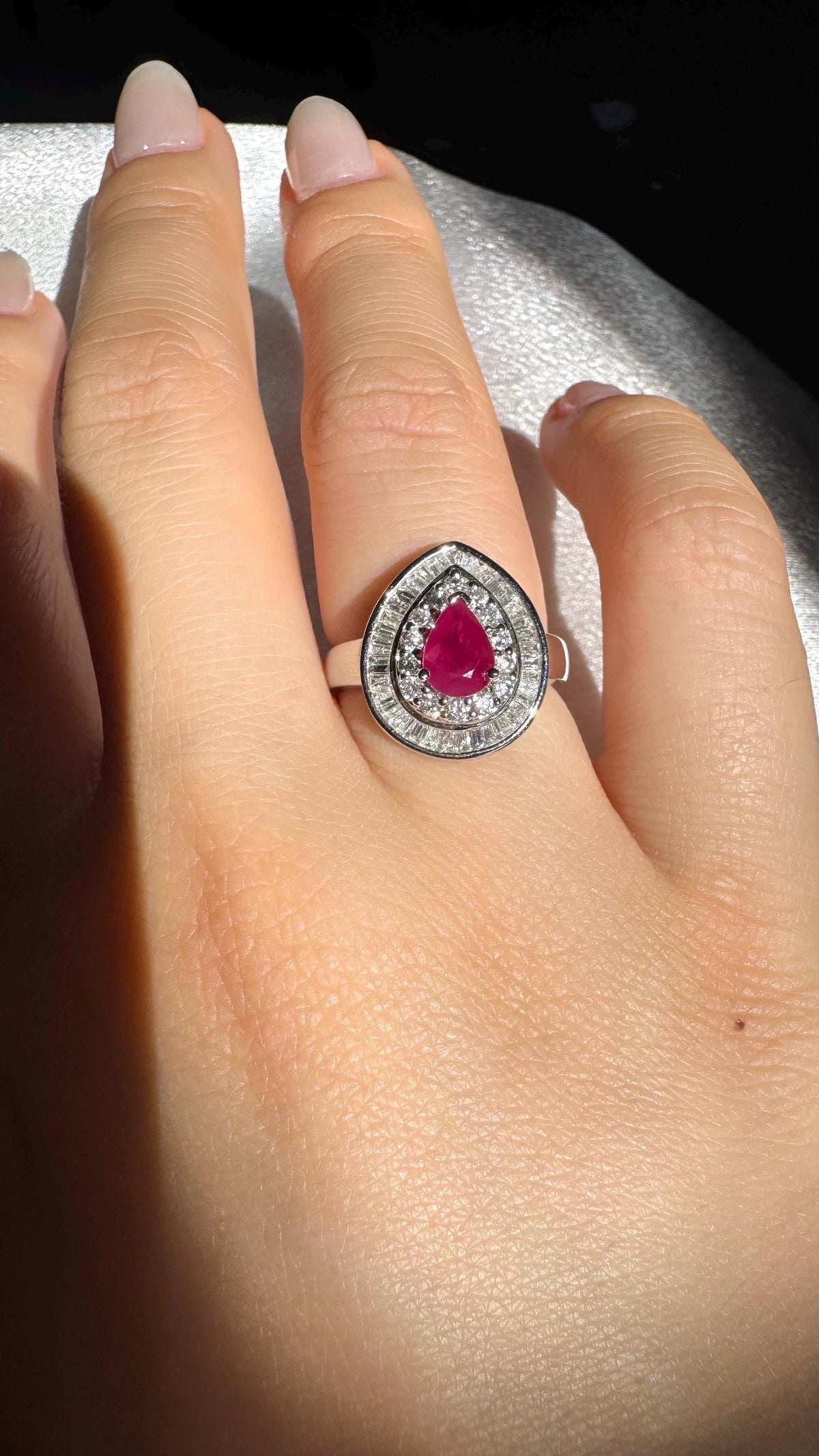 18k White Gold Ruby Diamond Teardrop Double Halo Ring, July Birthstone