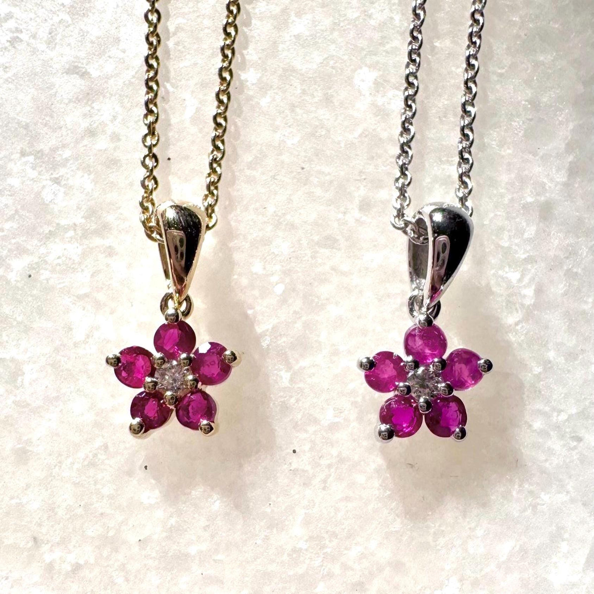 Genuine Ruby and Diamond Flower Pendant (Mini) | 14k Solid Gold