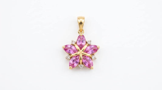 Genuine Pink Sapphire and Diamond Snowflake Pendant | 14k Solid Yellow Gold