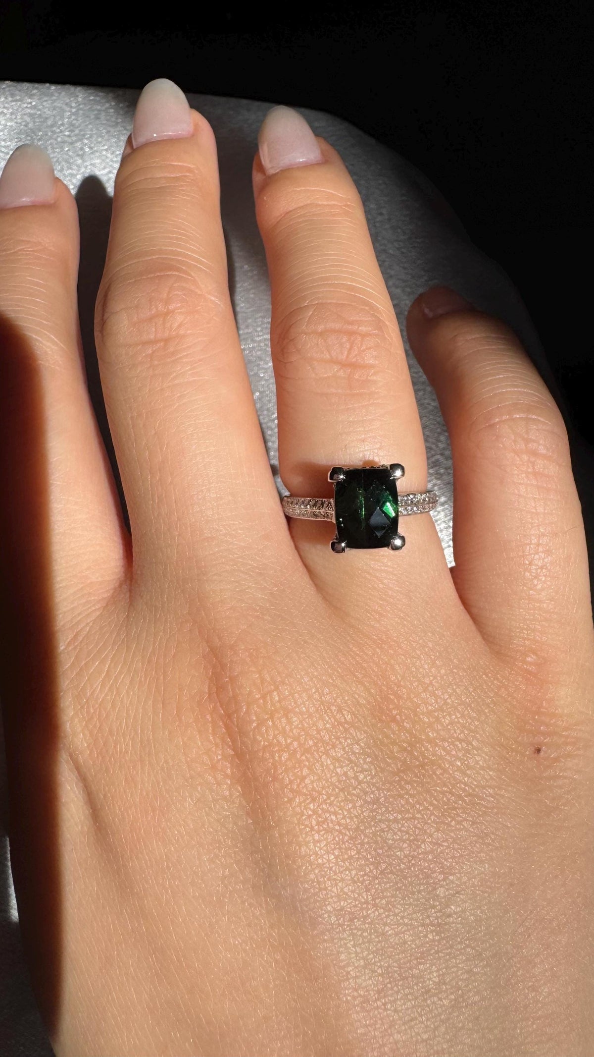 Genuine Cushion Cut Green Tourmaline and Diamond Ring | 18k Solid White Gold