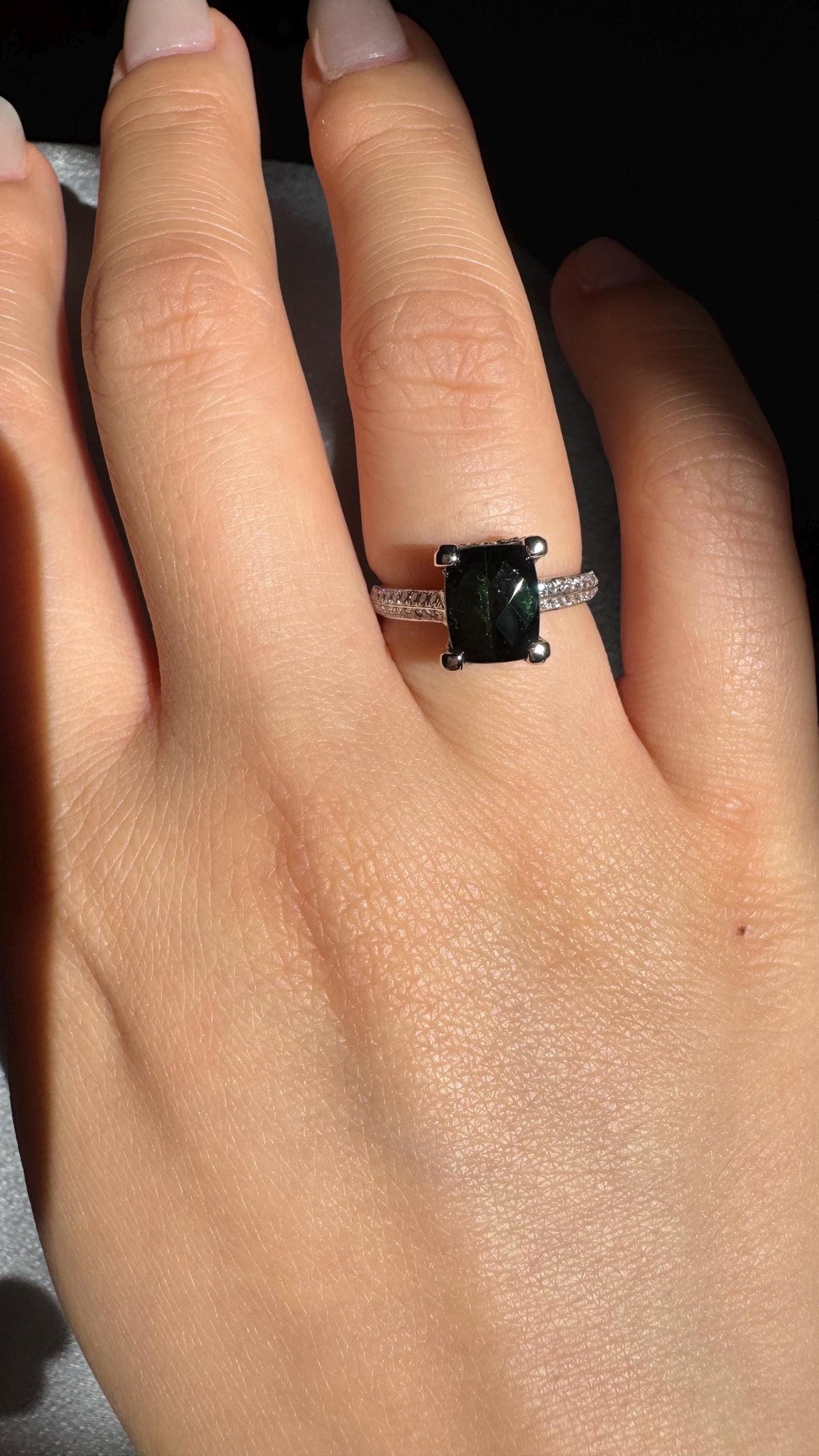 Genuine Cushion Cut Green Tourmaline and Diamond Ring | 18k Solid White Gold