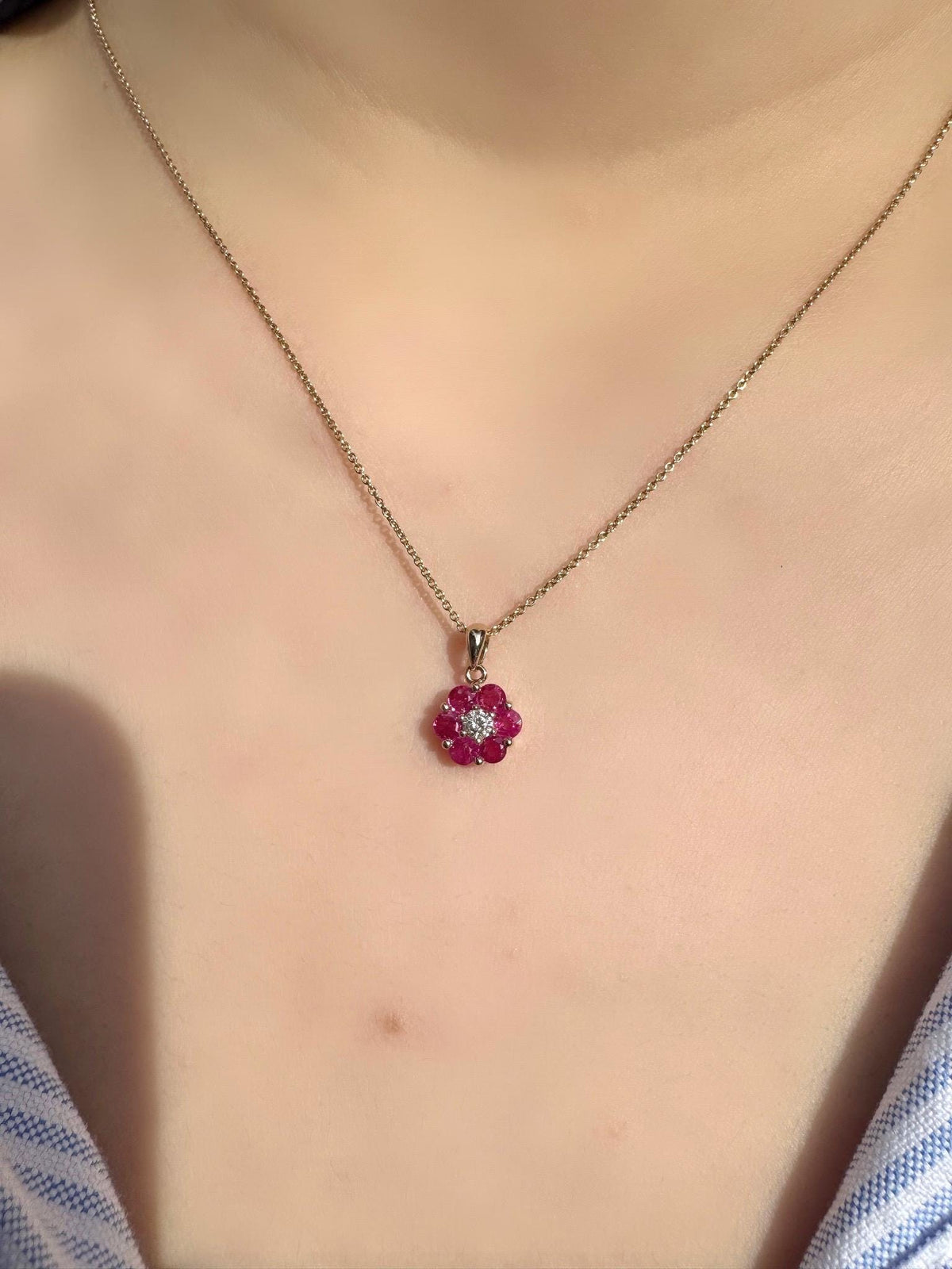 Genuine Ruby and Diamond Flower Pendant in 14k Solid Gold