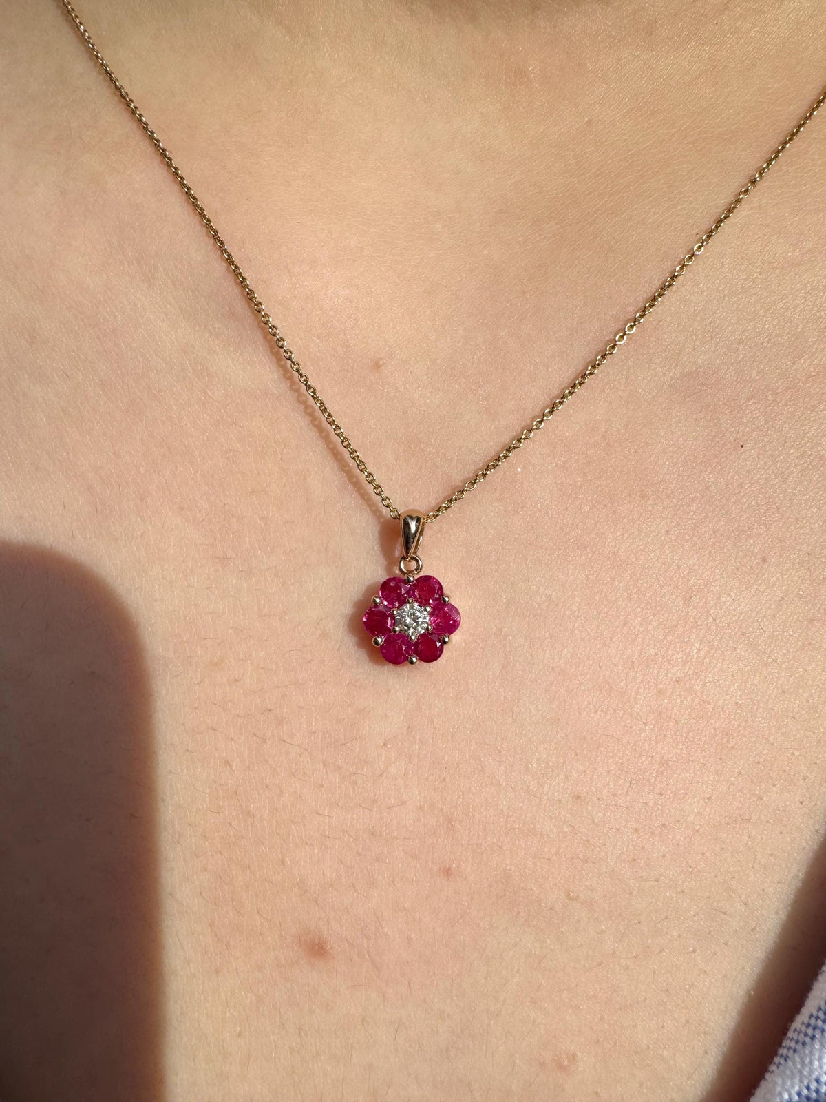 Genuine Ruby and Diamond Flower Pendant in 14k Solid Gold