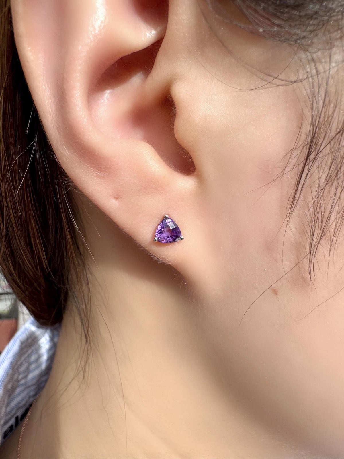 Genuine Amethyst Trillion Cut Stud Earrings, 14k Solid White Gold, February Birthstone, Gift for Her