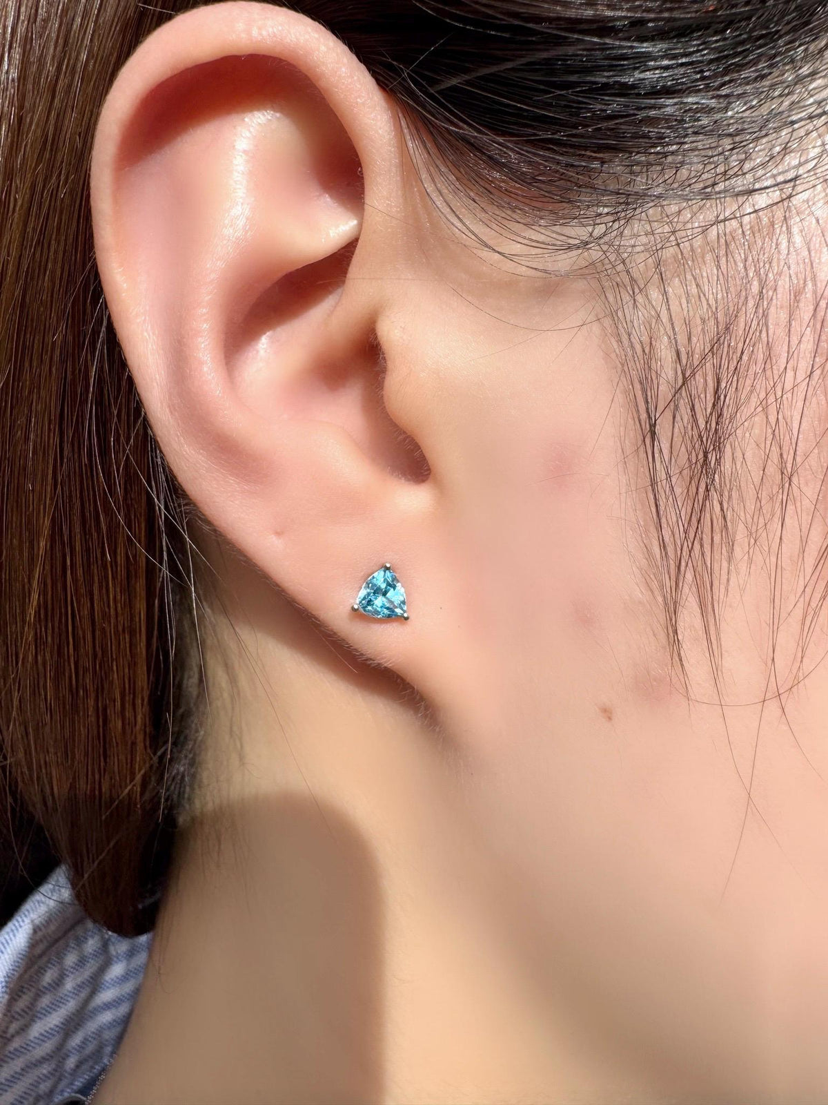 Genuine Blue Topaz Trillion Cut Stud Earrings, 14k Solid Gold, December Birthstone