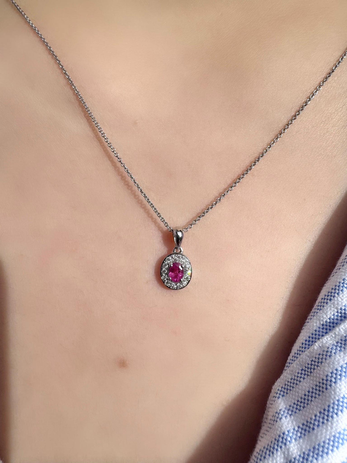 Genuine Oval Ruby and Diamond Bezel Halo Pendant, 18k Solid White Gold, July Birthstone, Gift for Her