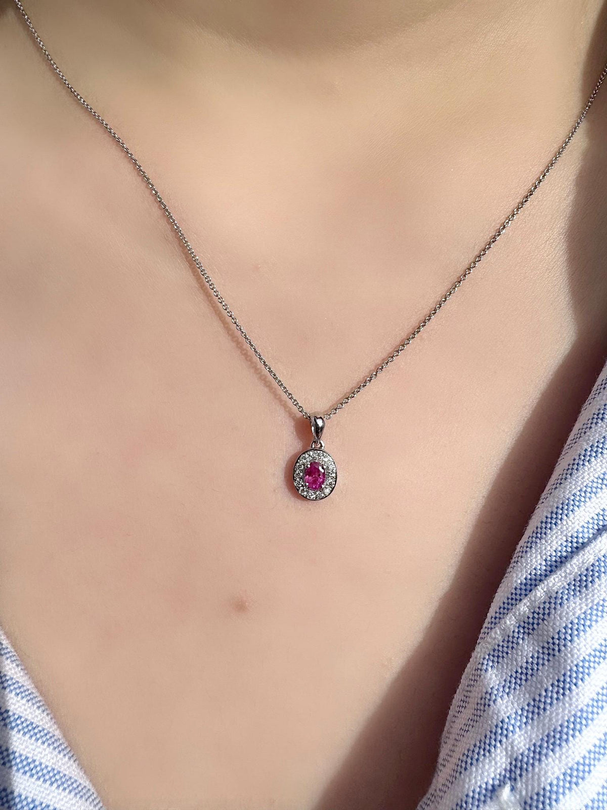 Genuine Oval Ruby and Diamond Bezel Halo Pendant, 18k Solid White Gold, July Birthstone, Gift for Her