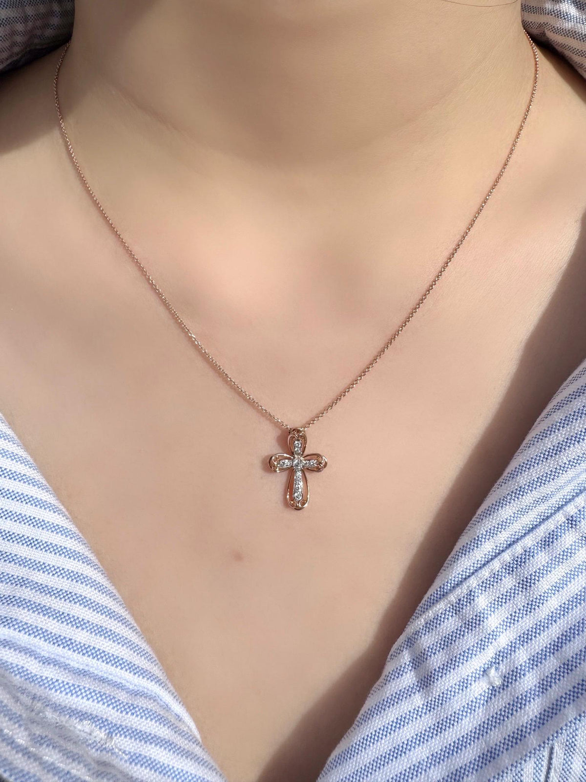 Diamond Cross Pendant, Genuine 18k Solid Rose Gold Necklace, April Birthstone, Faith Jewelry Gift
