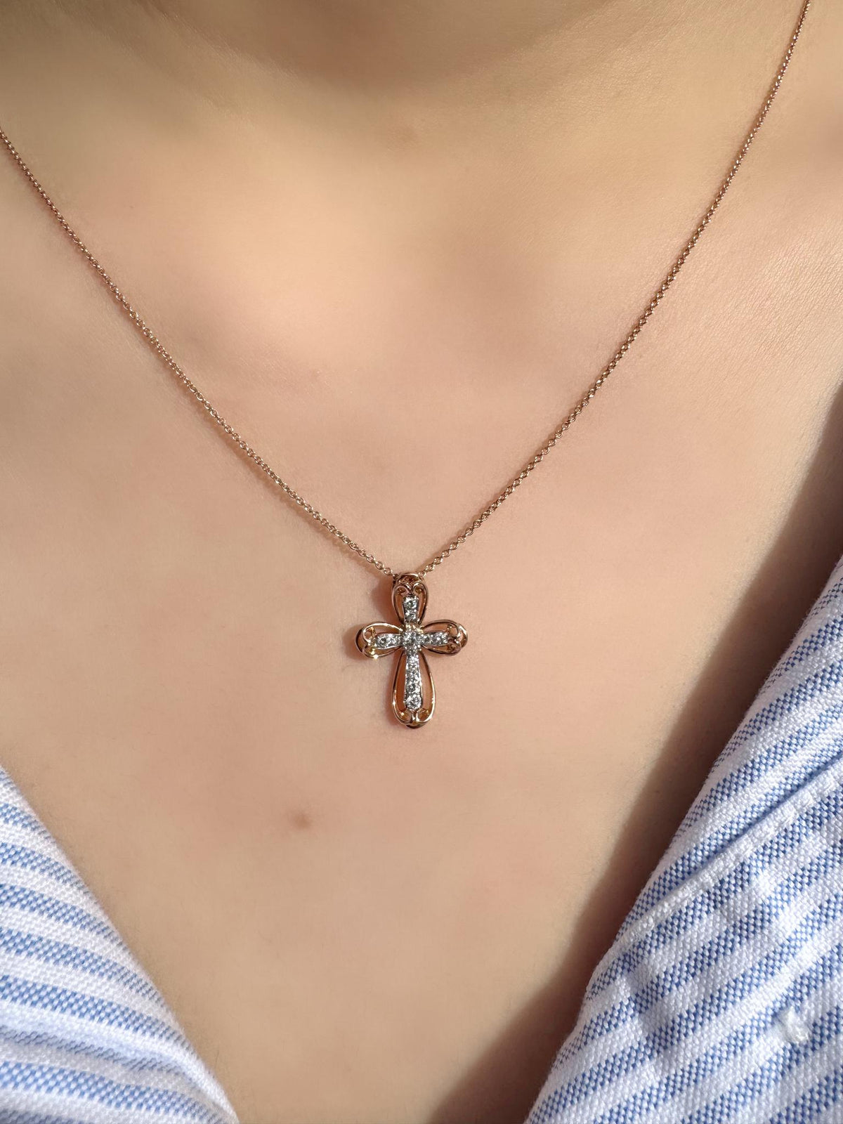 Diamond Cross Pendant, Genuine 18k Solid Rose Gold Necklace, April Birthstone, Faith Jewelry Gift