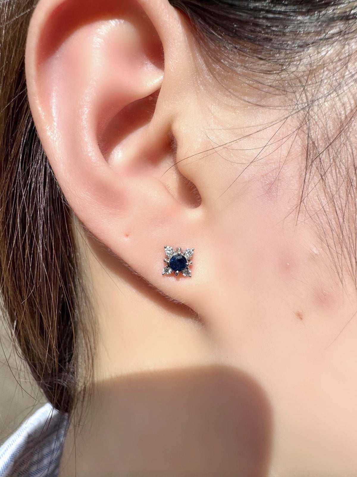 Genuine Round Sapphire and Diamond Earrings in 18k Solid White Gold