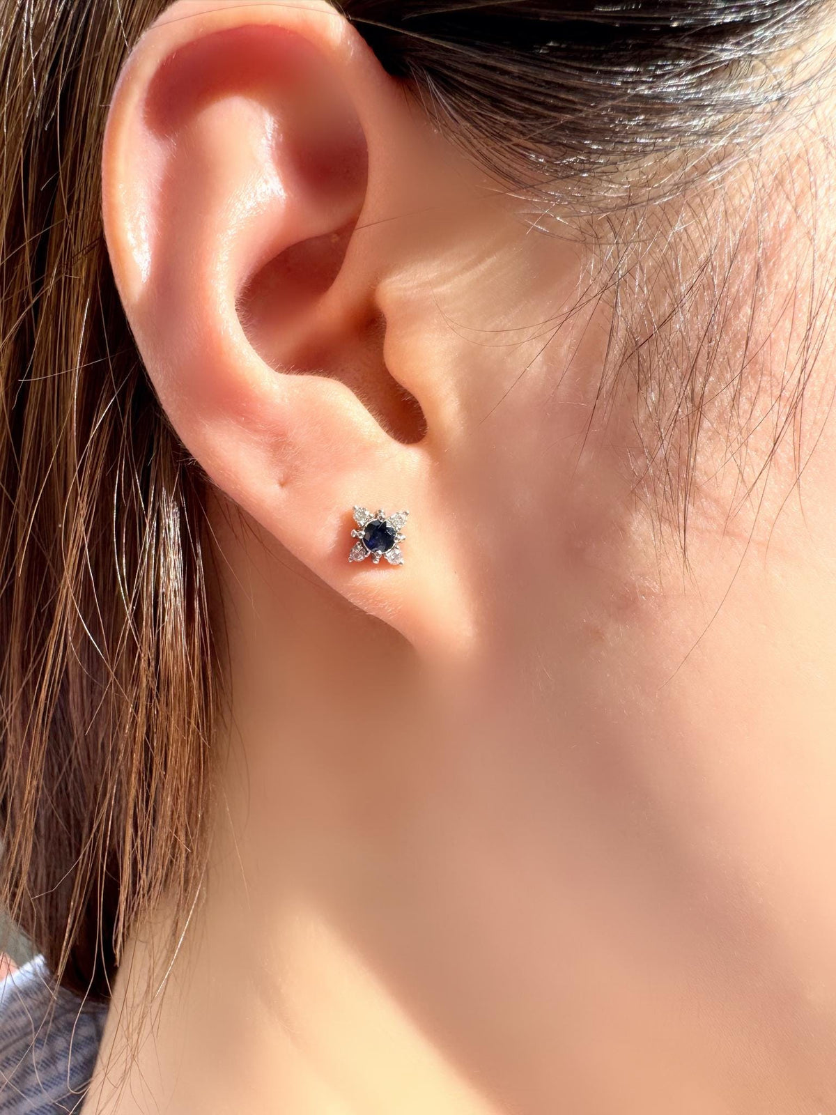 Genuine Round Sapphire and Diamond Earrings in 18k Solid White Gold