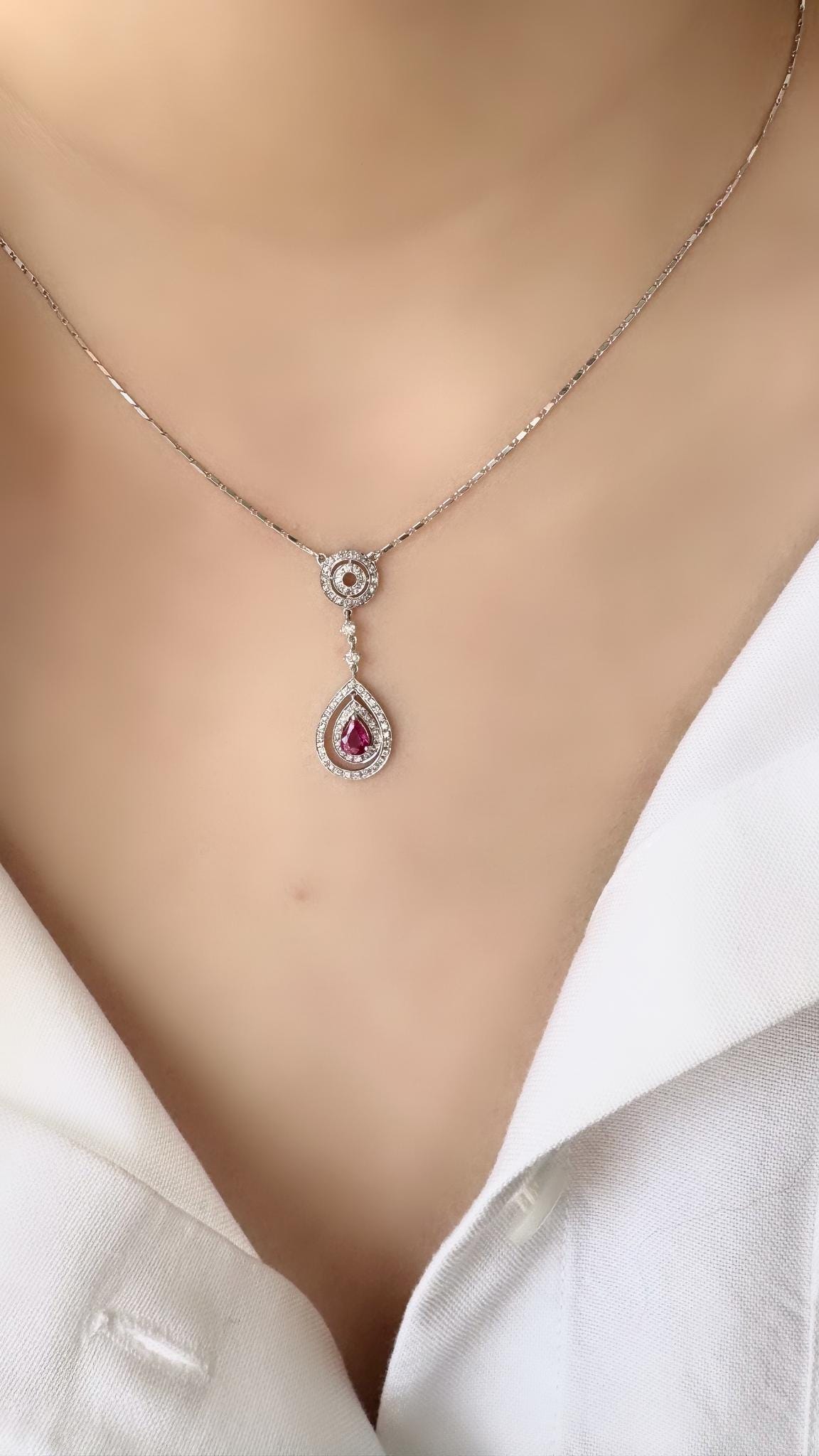 Genuine 0.45 ct Teardrop Ruby and Diamond Necklace in 18k Solid White Gold