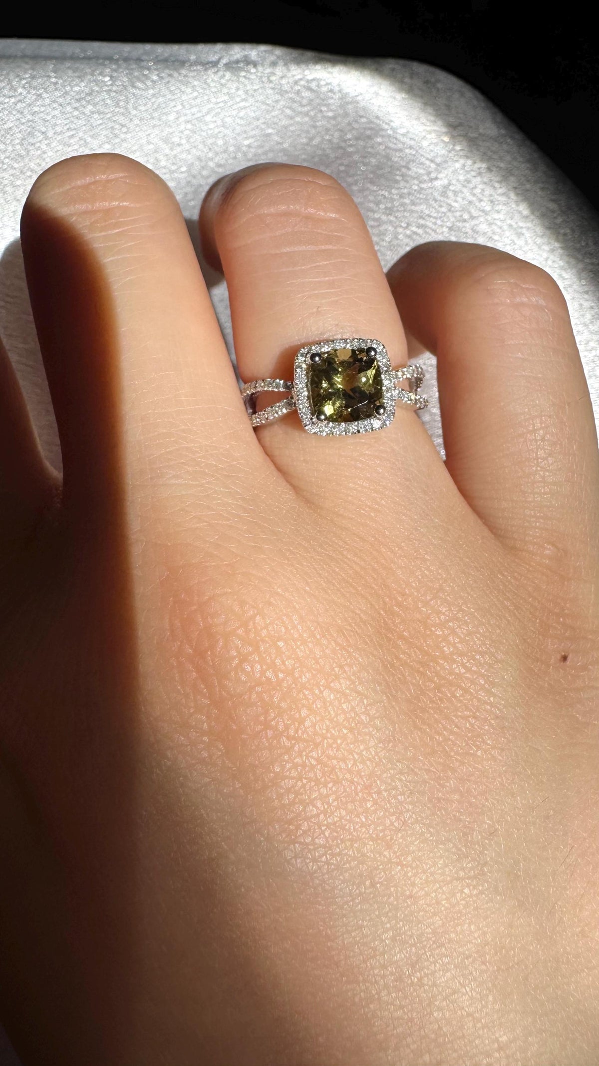 Genuine 1.75 ct Green Tourmaline and Diamond Square Halo Ring, 14k Solid White Gold, October Birthstone, Gift for Her