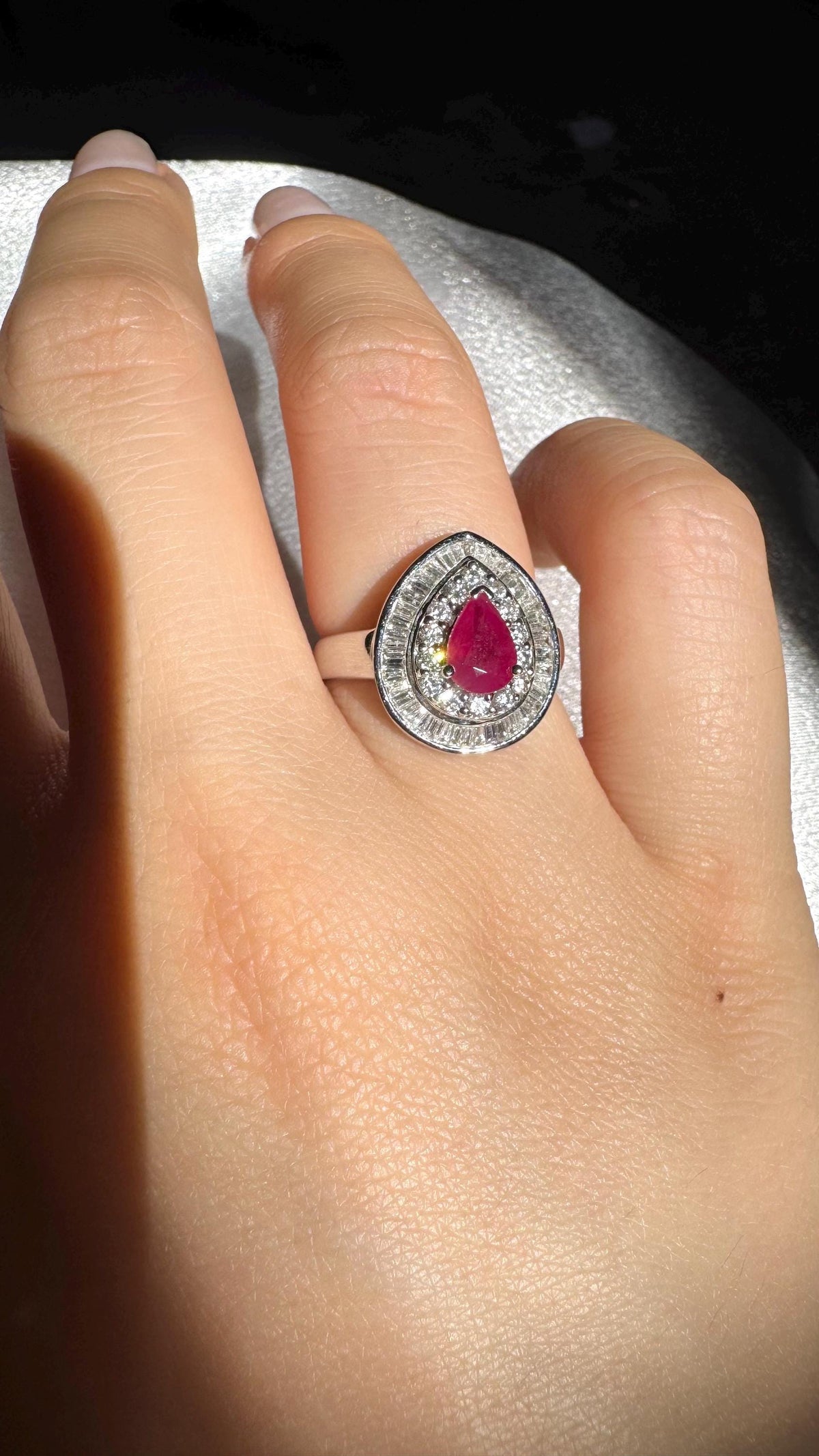 18k White Gold Ruby Diamond Teardrop Double Halo Ring, July Birthstone