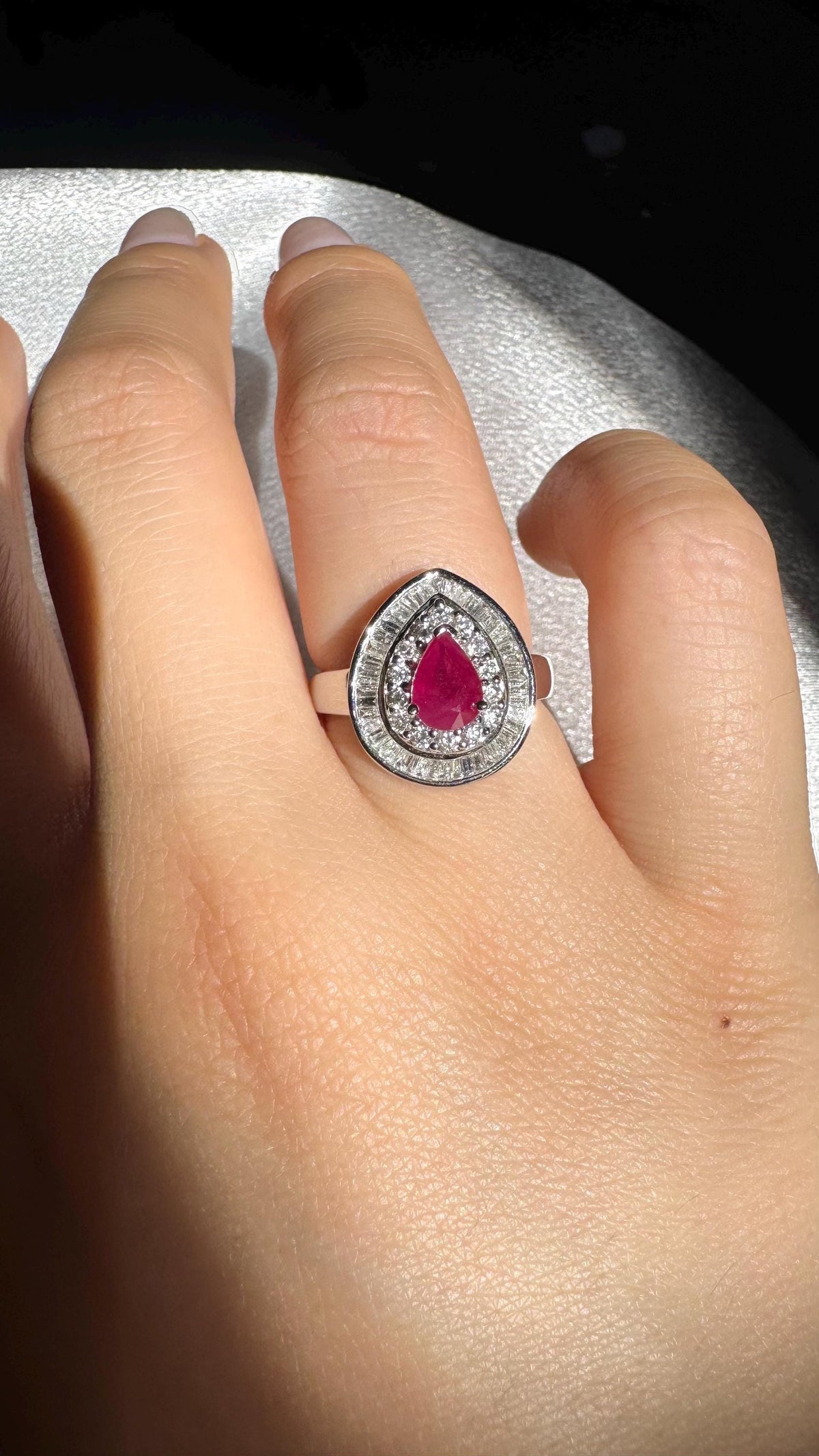 18k White Gold Ruby Diamond Teardrop Double Halo Ring, July Birthstone