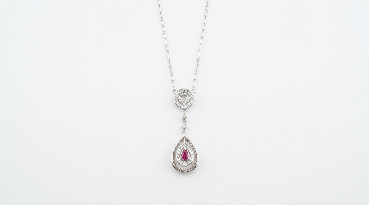 Genuine 0.45 ct Teardrop Ruby and Diamond Necklace in 18k Solid White Gold