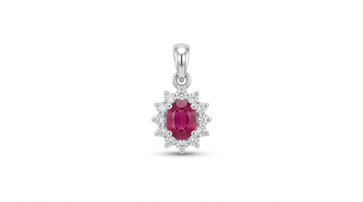 Genuine Oval Ruby and Diamond Solaris Halo Pendant in 18k Solid Gold