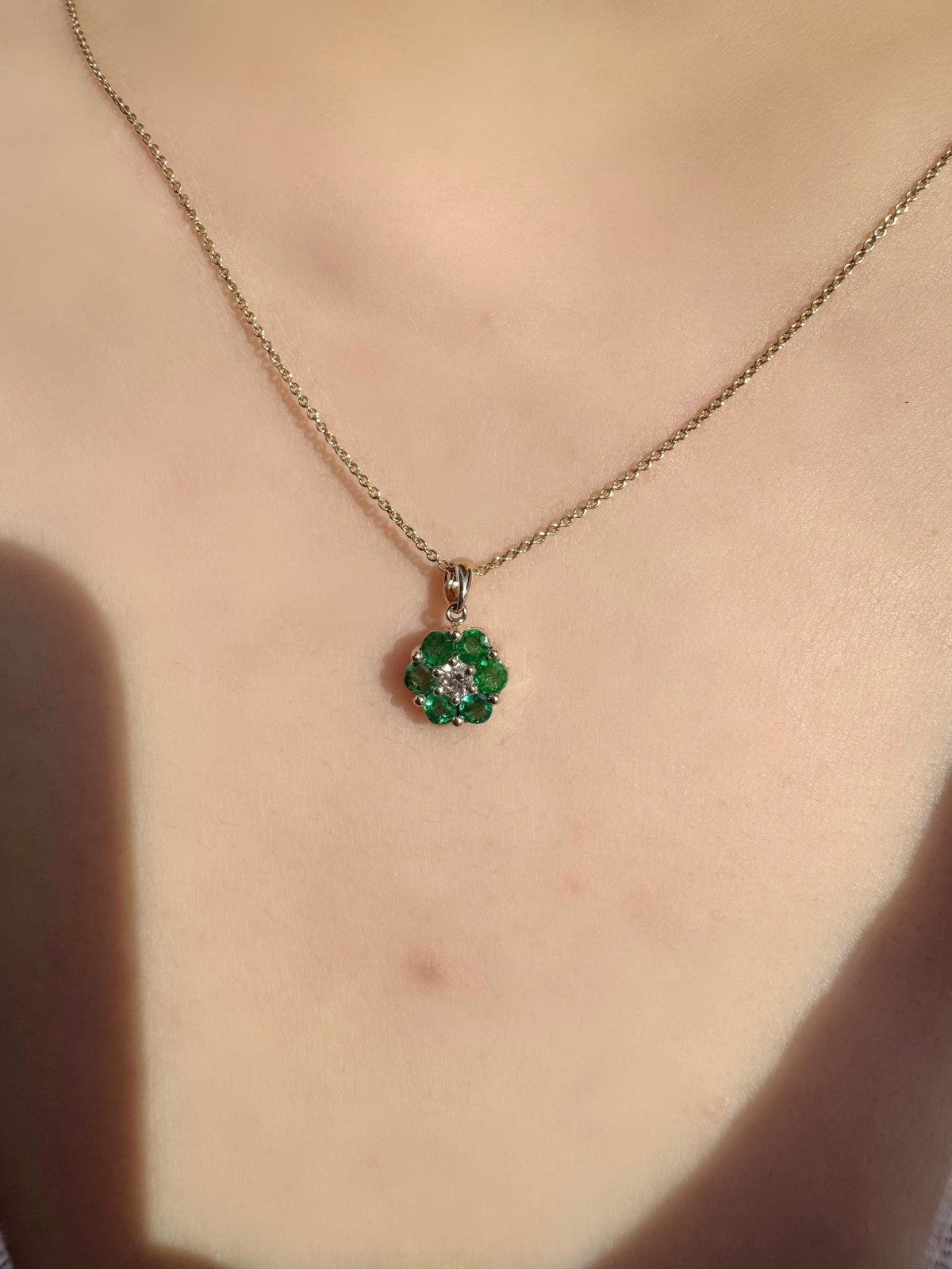 Genuine Emerald and Diamond Flower Pendant | 14k Solid Gold