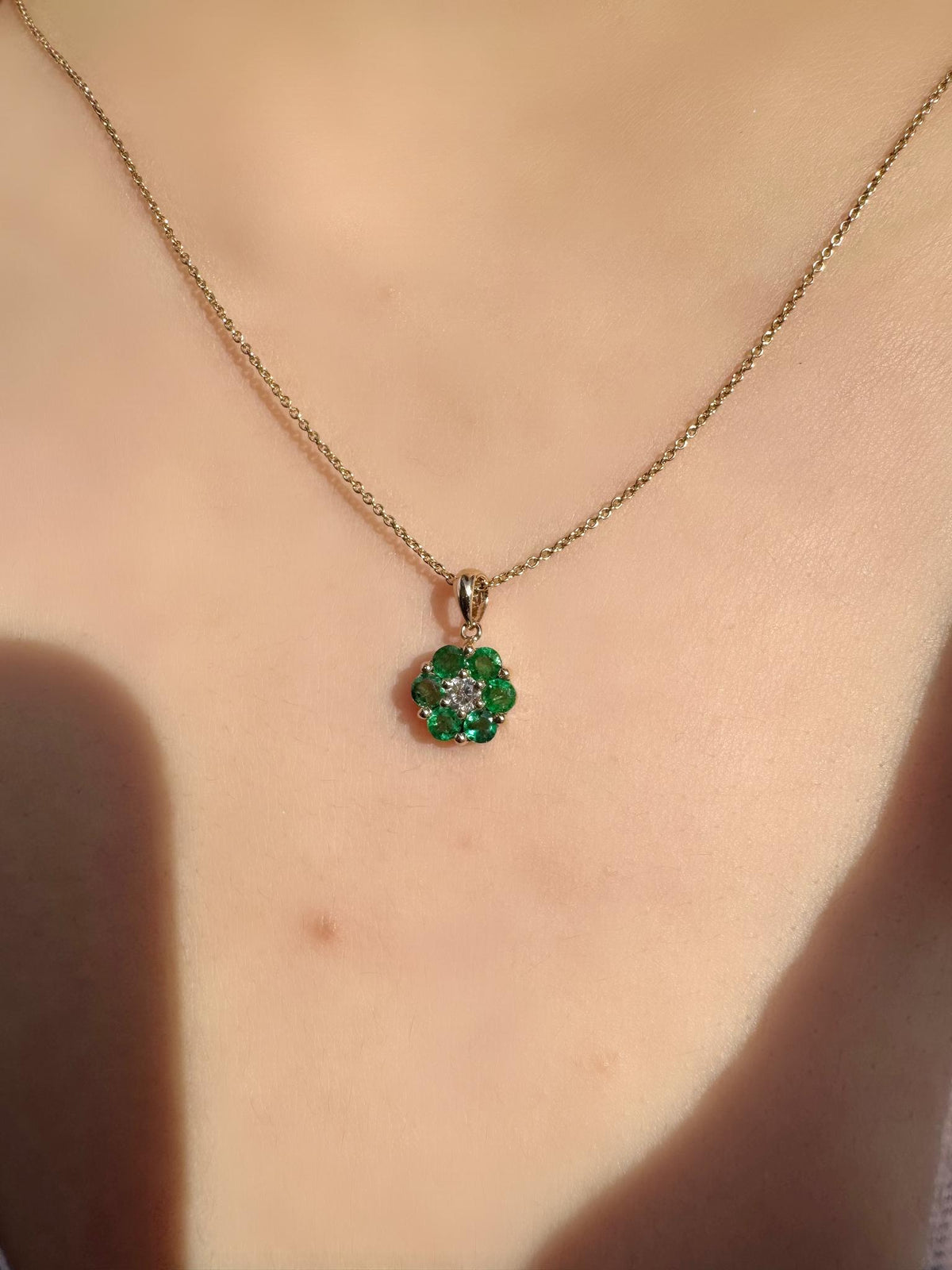 Genuine Emerald and Diamond Flower Pendant | 14k Solid Gold