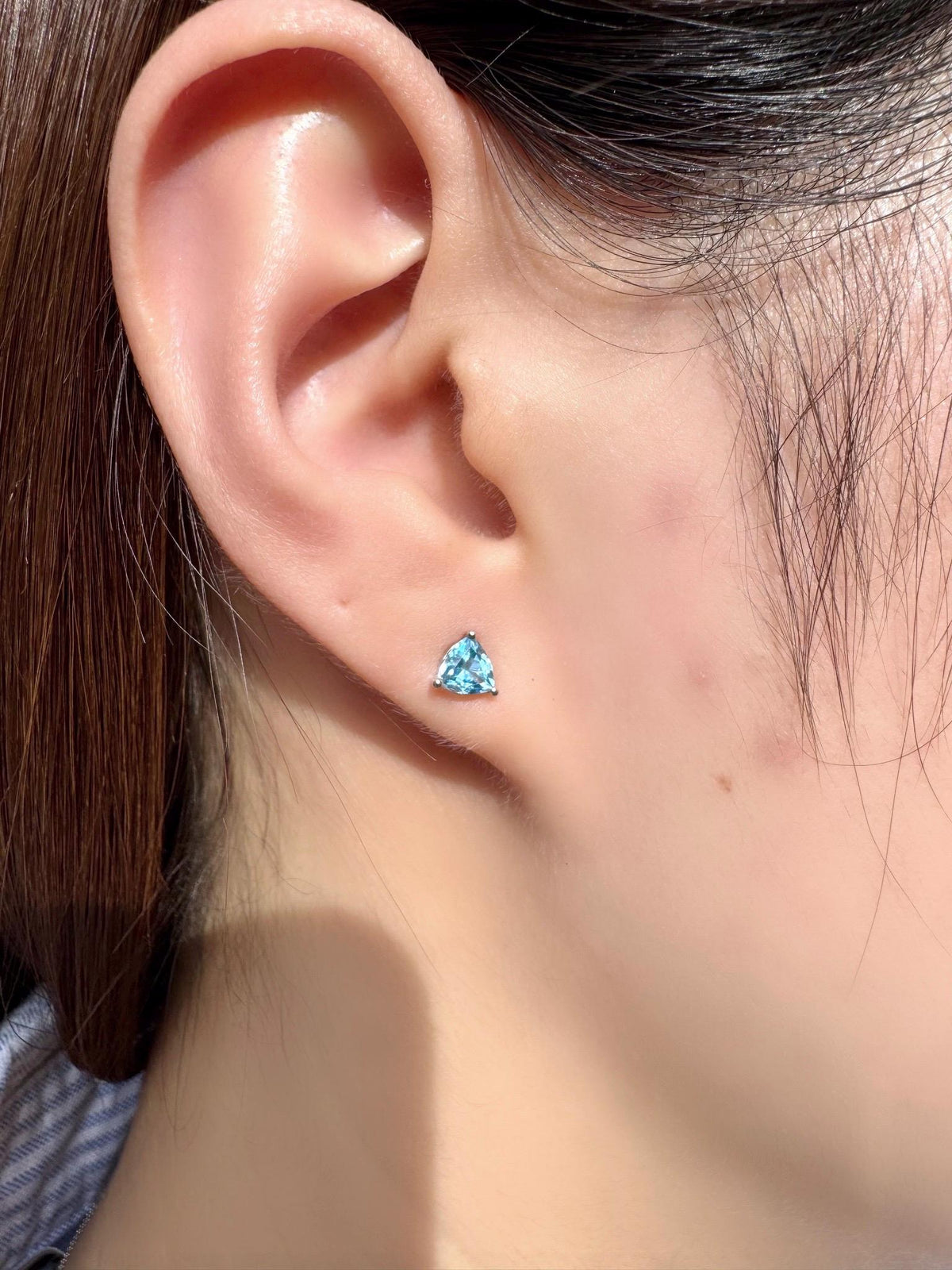 Genuine Blue Topaz Trillion Cut Stud Earrings, 14k Solid Gold, December Birthstone