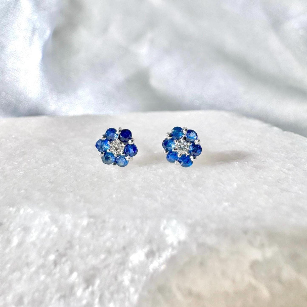Genuine Sapphire and Diamond Flower Stud Earrings in 14k Solid Gold