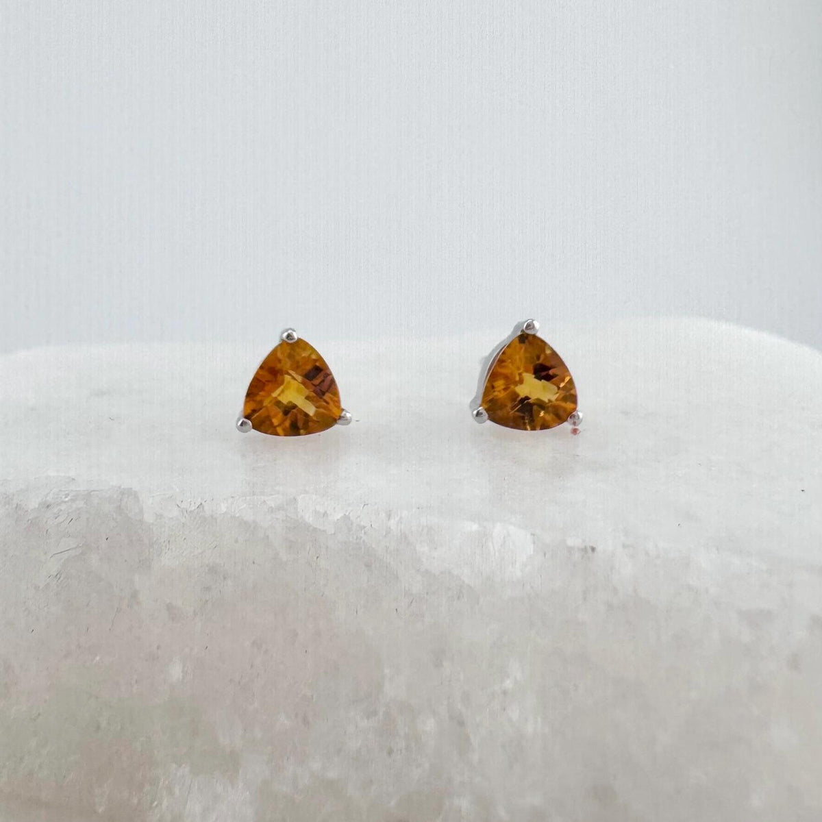 Genuine Citrine Trillion Cut Stud Earrings, 14k White Gold, November Birthstone