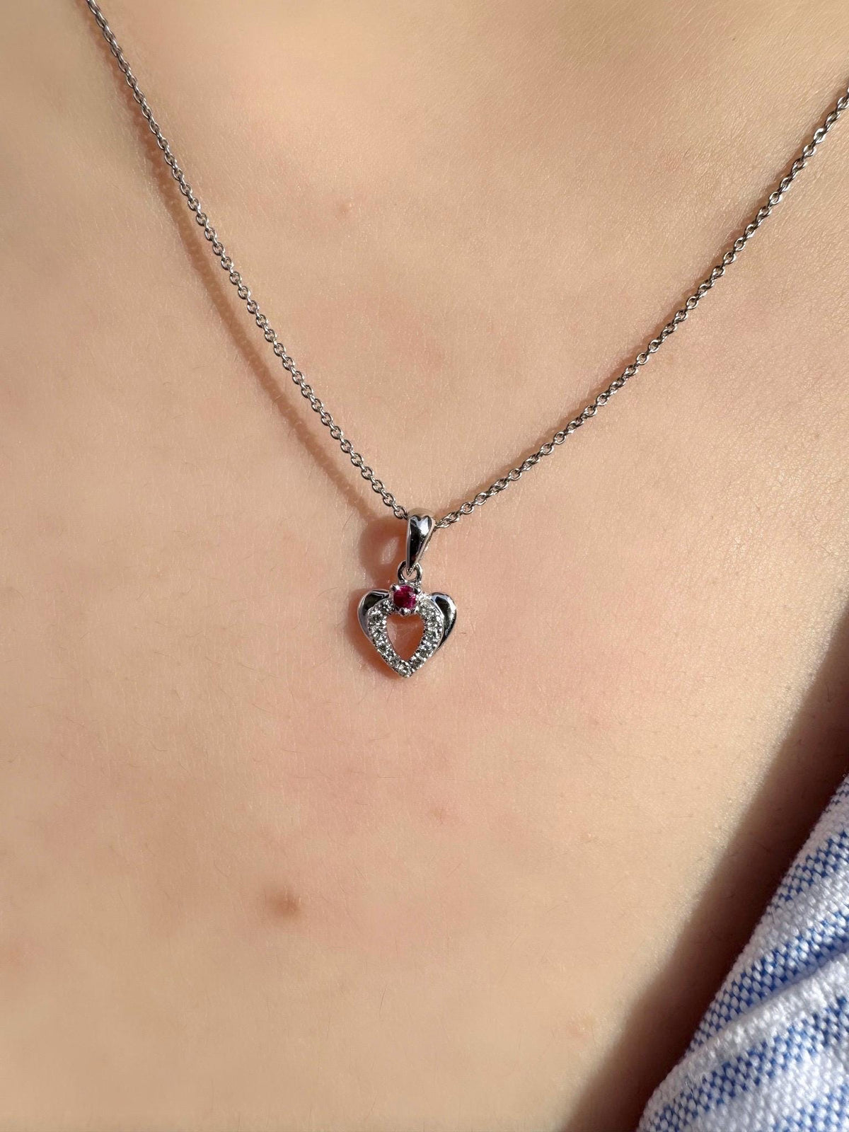 Genuine Ruby and Diamond Heart Pendant in 18k Solid White Gold